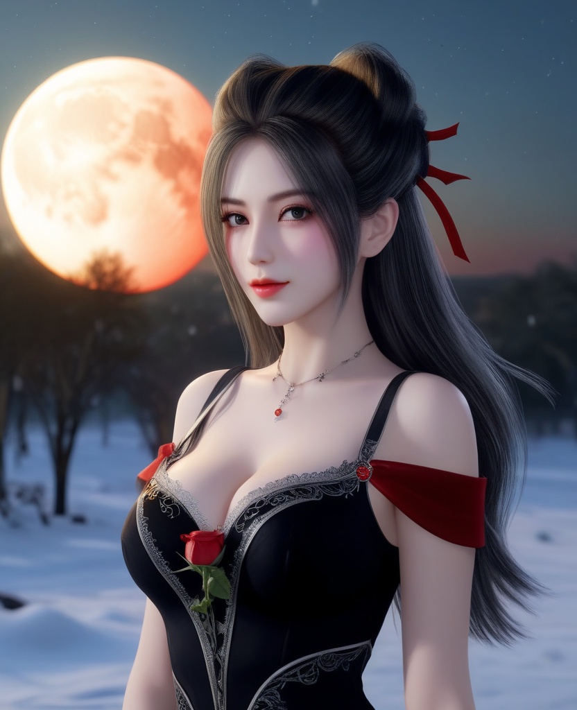 <lora:574-DA-XL-天行九歌-焰灵歌:0.8>(,1girl, ,best quality, ),looking at viewer,masterpiece, (( , )),, realistic,science fiction,mole, ultra realistic 8k cg, ,      ,outdoors, snow, snowing, snow on head, sun,sunset,sunlight,moonlight,full moon, red moon,  crescent moon,  crescent rose,  black rose,       (cleavage), (),