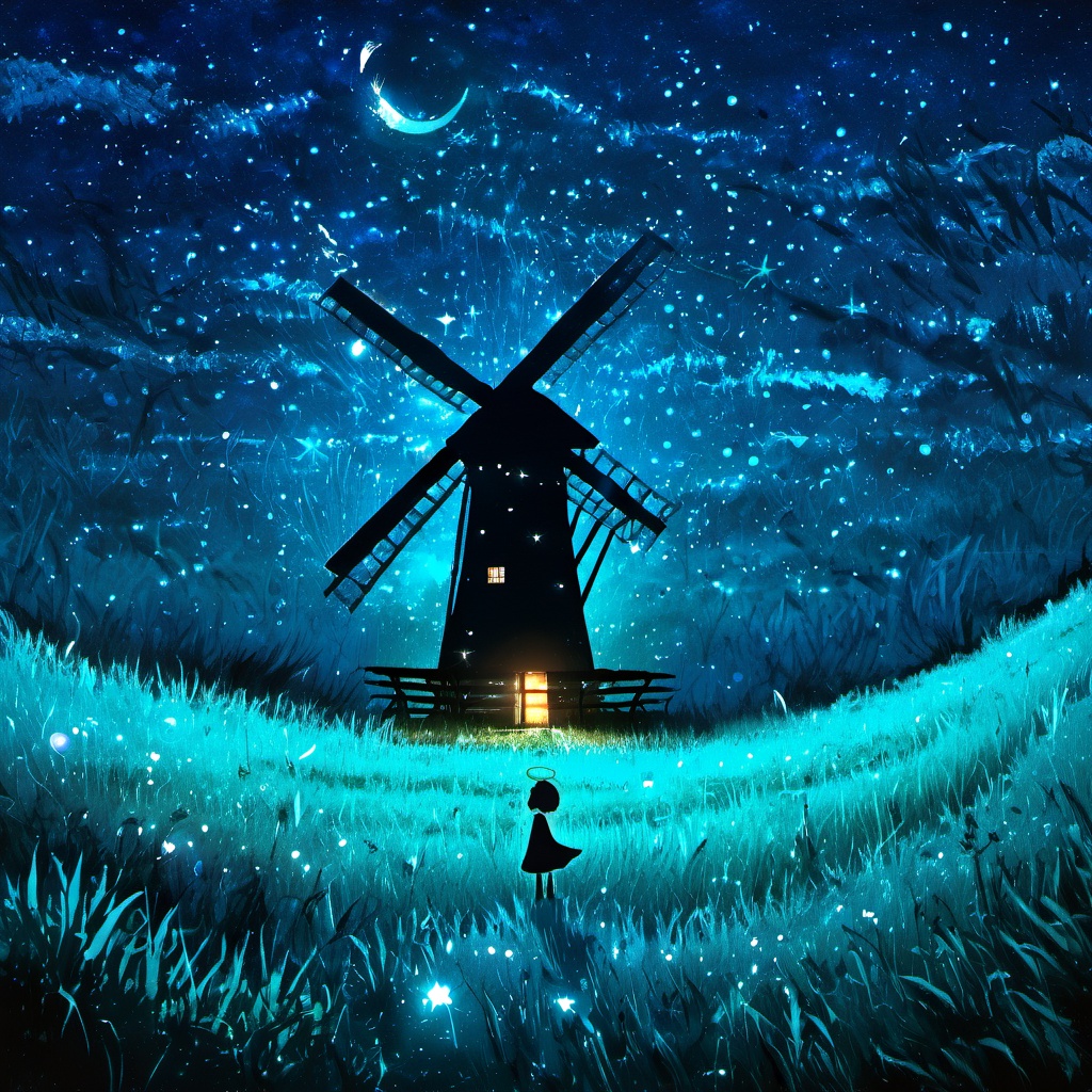 <lora:star_xl_v3:1>,silhouette painting, ethereal ambiance, 1girl, solo, short hair, cyan  theme, flower, outdoors, sky, night, halo, moon, grass, star \(sky\), night sky, scenery, starry sky, dark, from behind, tree, glowing, angel, crescent moon, a mesmerizing nighttime landscape, a vast and starry sky filled with countless stars and a radiant celestial body possibly a moon or planet casting a glow., the ground is covered in a luminescent glowing grass that seems to be swaying in the wind., a black silhouette of an old windmill at the right, a black silhouette of a girl standing amidst the grass gazing up at the celestial display, ethereal and dreamlike, evoking feelings of wonder and contemplation, mesmerizing nighttime landscape, vast starry sky, radiant celestial body, luminescent grass, old windmill, sails, child, ethereal dreamlike ambiance