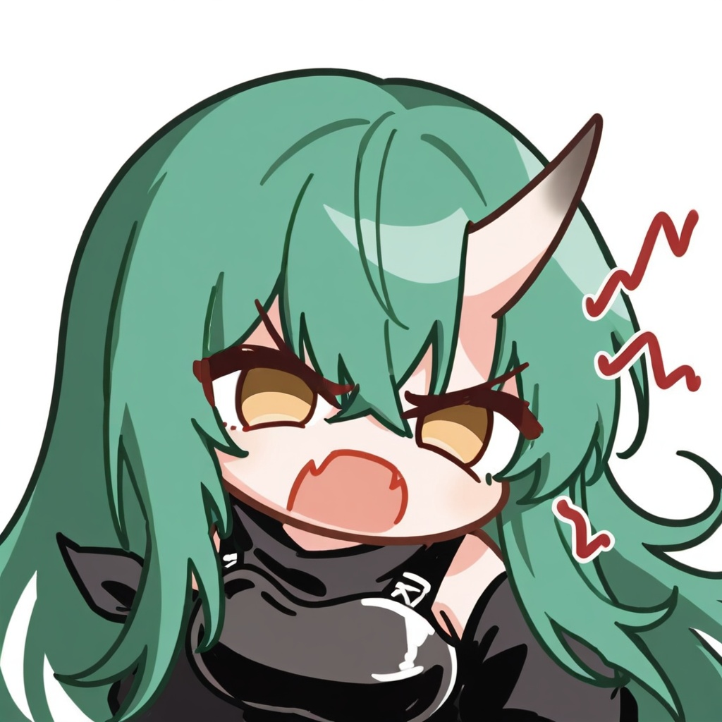 <lora:haqi_angry_fang:0.8>,<lora:ieul_7_chibi_noob1:0.8>,hoshiguma \(arknights\),arknights,green hair,horns,long hair,single horn,oni horns,,bangs,yellow eyes,hair between eyes,chibi,1girl,solo,upper body,haqi,angry,fang,v-shaped eyebrows,looking at viewer,open mouth,white background,simple background,