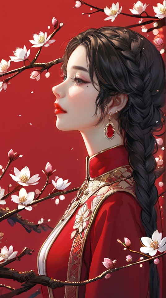 (best quality), ((masterpiece)), (highres), illustration, original, extremely detailed,1girl, solo, mole, jewelry, braid, long hair, earrings, mole under eye, red background, branch, black hair, flower, from side, red lips, profile, looking away