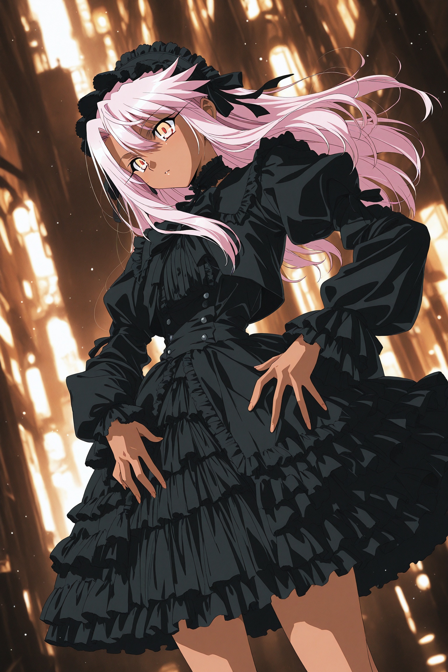 masterpiece,best quality,amazing quality,very aesthetic,absurdres,newest,extreme aesthetic,in the style of fashion photography,light particles,cinematic lighting,Visual impact,sharp focus,Emotionalization,depth of field,dutch angle,scenery,1990s \(style\),anime coloring,Yuuki_Mizuho_OVA,1girl,chloe von einzbern,fate \(series\),gothic lolita,bubble_skirt,