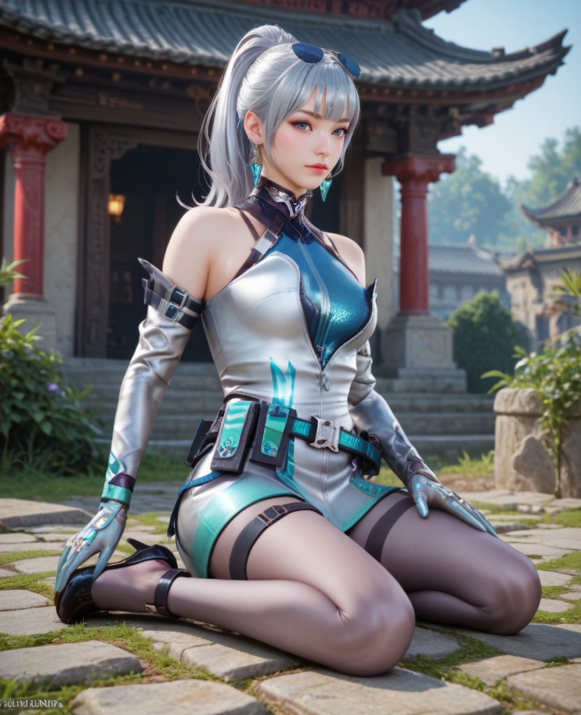 (oriental architecture, elegant decor, sophisticated style:1.1),(Sitting, on the ground with knees pulled to the chest,:1.1),(breasts:1.2),<lora:XL16穿越火线王者雾蒙蒙保卫者:0.95>,miss wumengmeng,short silver dress,blue corset,silver hair,ponytail,long hair,sunglasses,earrings,elbow gloves,belt,holstered,pantyhose,black heels,, score_9,score_8_up,score_7_up,score_6_up,score_5_up,score_4_up,3d rendering,tag1,tag2, Cinematic Lighting,backlighting,, zPDXL3, zPDXL2,zPDXL, zPDXLxxx, zPDXLrl,