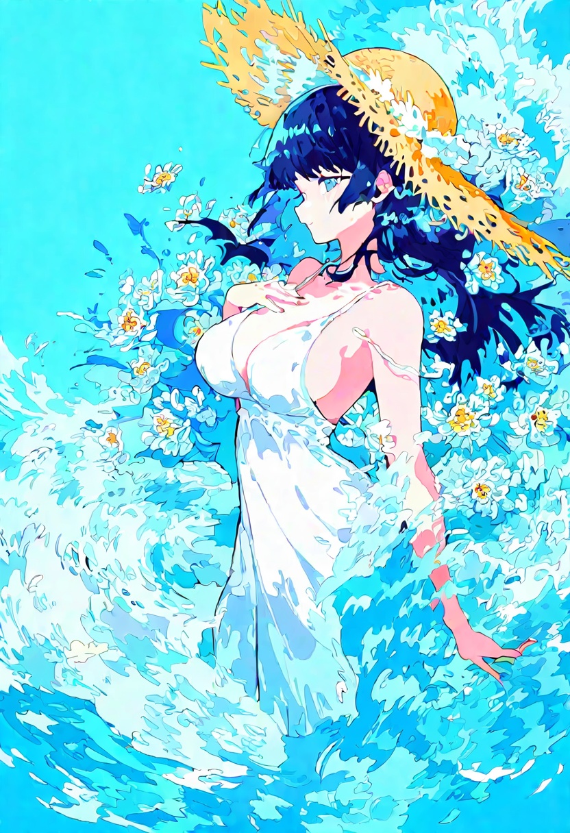 1girl, qk1, solo, hat, dress, long hair, straw hat, blue hair, flower, white dress, looking at viewer, blue theme, blue eyes, white flower, floating hair, ligne claire, sundress, wind, sleeveless, sun hatmasterpiece, from side, straight hair, hand on own chest, huge breasts, alternate breast size, bare shoulders, breasts, upper body, closed mouth, very long hair, cleavage, smile, blunt bangs, collarbone, sleeveless dress, blue background,A young woman with long dark hair and a large straw hat. she is wearing a white **** top and has a serious expression on her face. the background is filled with blue flowers and leaves, creating a dreamy and ethereal atmosphere. the overall mood of the image is peaceful and serene.best quality, newest, absurdres, sensitive <lora:okra_v2.5-000030:1>