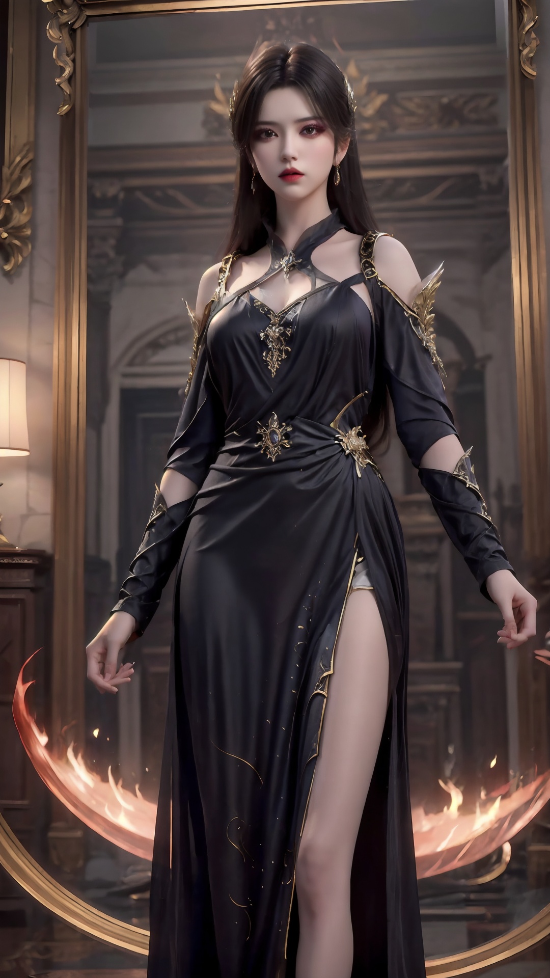 The image shows a woman standing in a dark and ornate room with a high ceiling. She is wearing a long, flowing black dress with gold accents and a high slit on the side. The dress has a high neckline and long sleeves. The woman has long dark hair styled in loose waves and is holding a large, red flame-like weapon in her right hand. The weapon appears to be a sword or a shield. The background is dark and there is a large mirror on the wall behind the woman. The overall mood of the image is dramatic and powerful.,<lora:1.5曹颖(2):0.8>,