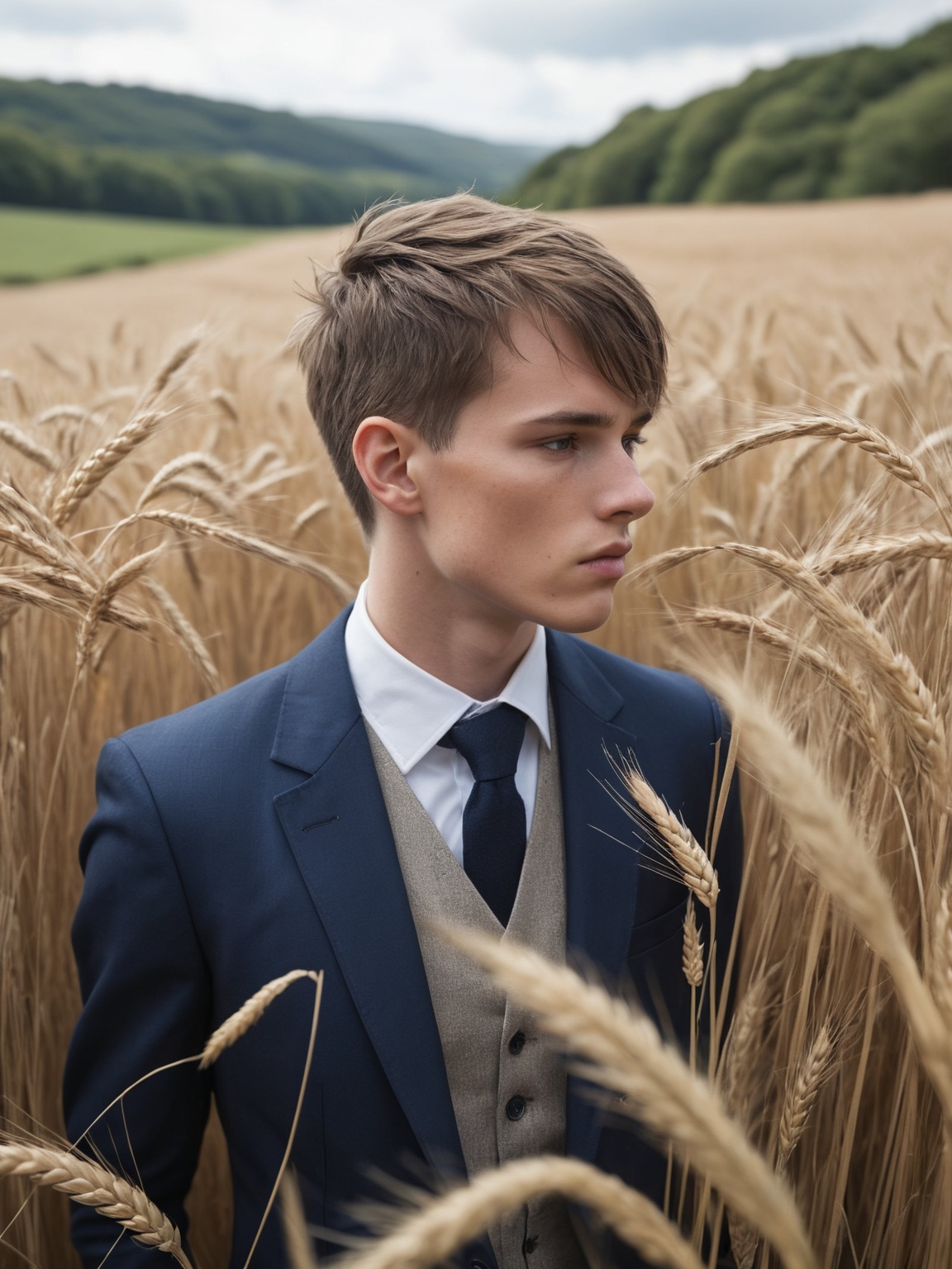 (1boy),  a man stands with his head down in some tall grass,  (tall flowing grass and wheat) on Tensor.Art