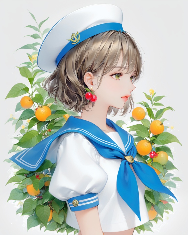 (best quality), ((masterpiece)), (highres), illustration, original, extremely detailed,<lora:DDCXL:0.7>1girl, solo, short hair, earrings, jewelry, hat, shirt, short sleeves, brown hair, leaf, profile, white shirt, sailor collar, food-themed earrings, sailor hat, upper body, blue sailor collar, neckerchief, green eyes, white headwear, lips, flower, puffy sleeves, plant, fruit, white background