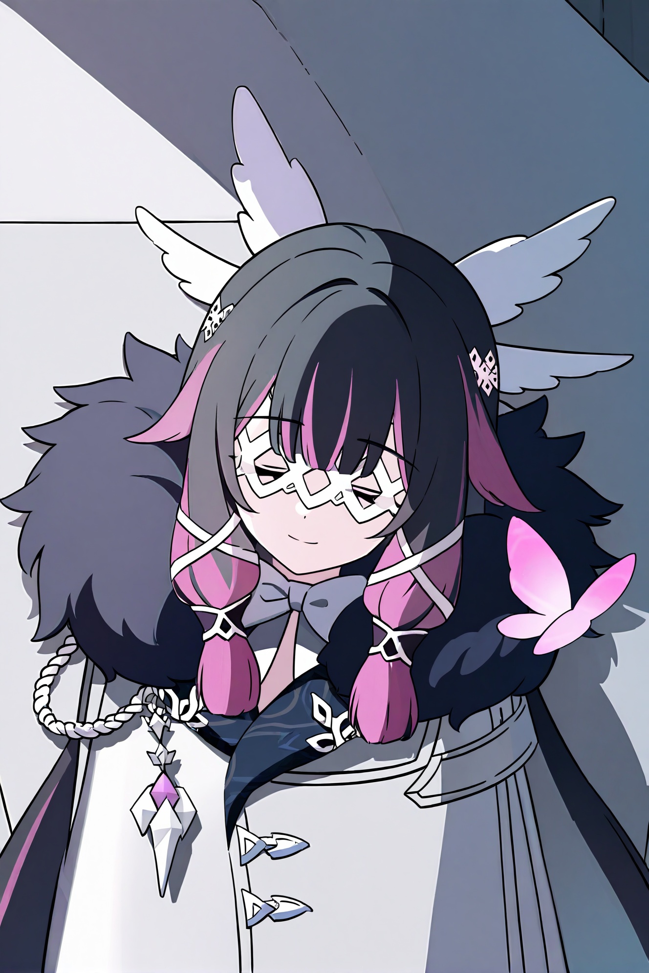 Columbina\(genshin impact\),1girl,solo,black hair,multicolored hair,eye mask,fur trim,long hair,coffin,coat,butterfly,bug,wings,fur-trimmed coat,hair ornament,pink hair,white coat,closed eyes,streaked hair,two-tone hair,smile,