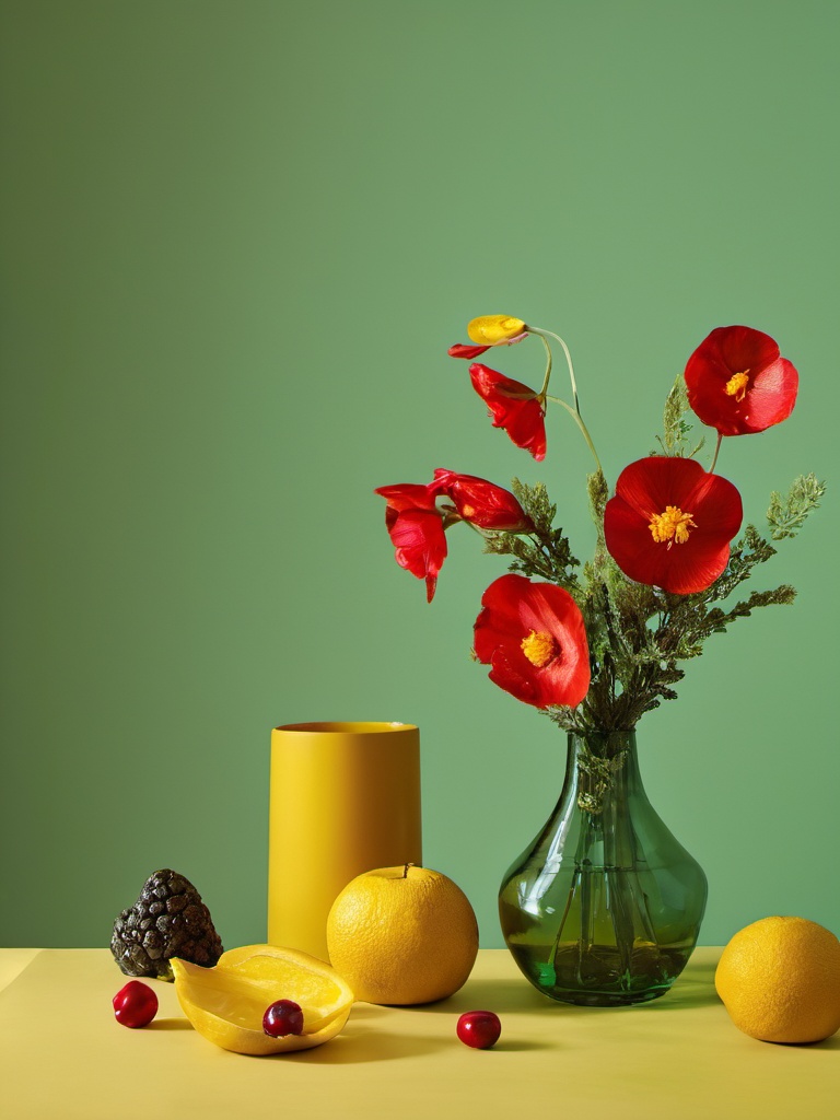 huangse,no humans,flower,still life,red flower,food,fruit,yellow theme,plant,yellow background,food focus,masterpiece,8K,realistic,UHD,<lora:huangse 1.0:1>,