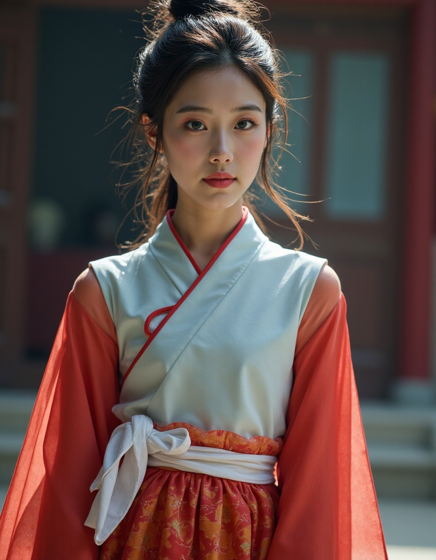 HDR photo of cinematic film still, teenage,chinese girl,full body,realistic,blue dress,looking at viewer,simple white top with red edge, gradient red sleeves, patterned red and orange skirt, white sash