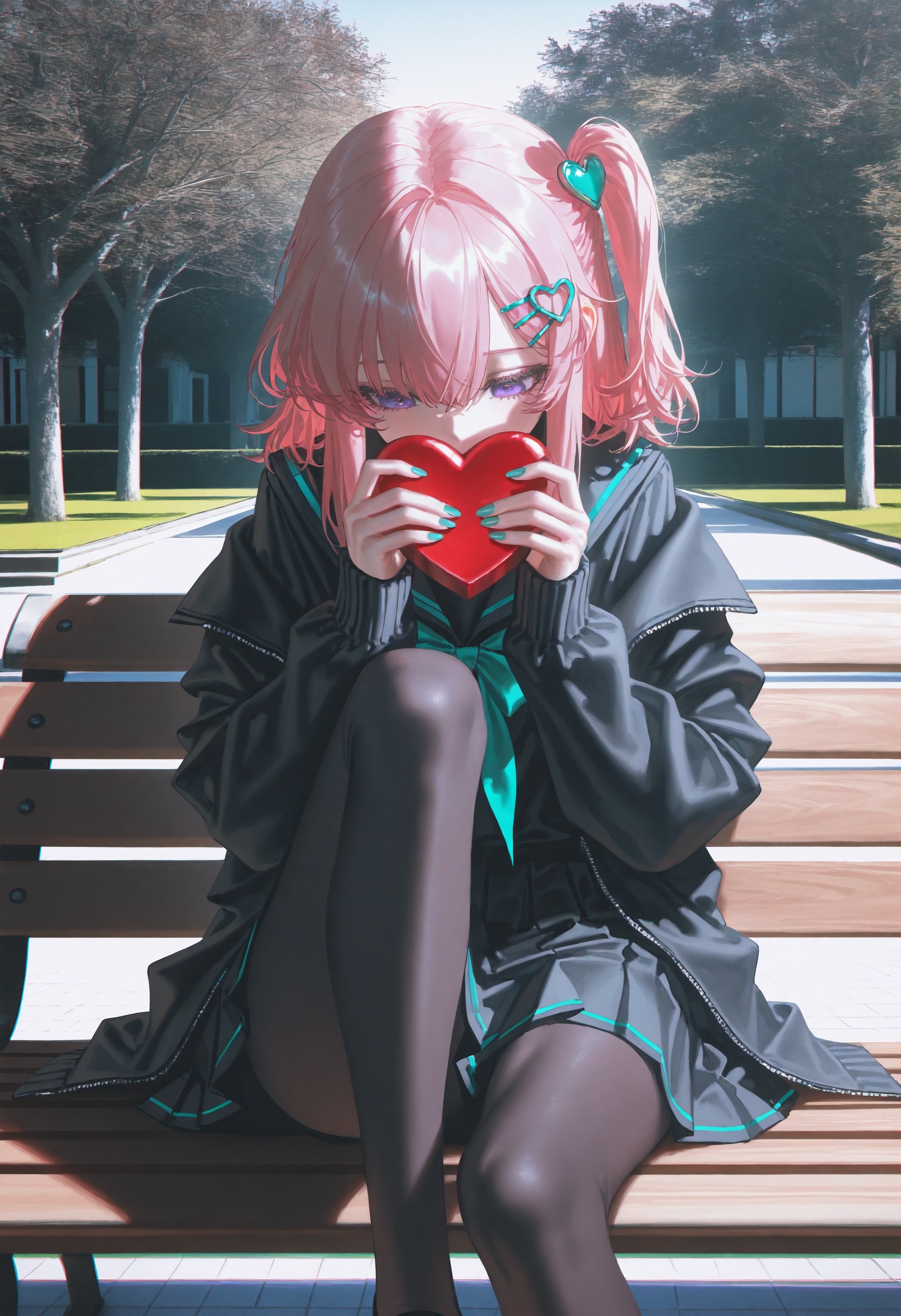 masterpiece,best quality,artist:john_kafka,artist:nixeu,artist:quasarcake,chromatic aberration,film grain,high contrast,color contrast,cold colors,gritty,graphite \\\\(medium\\\\),1girl,solo,petite,pink hair,purple eyes,happy,holding heart-shaped chocolate,rose,hairclip,black shirt,black skirt,black long jacket,black pantyhose,serafuku,aqua nails,heart hair ornament,one side up,knee up,head down,ribbon,photo background,outdoors,real world location,sitting on park bench,