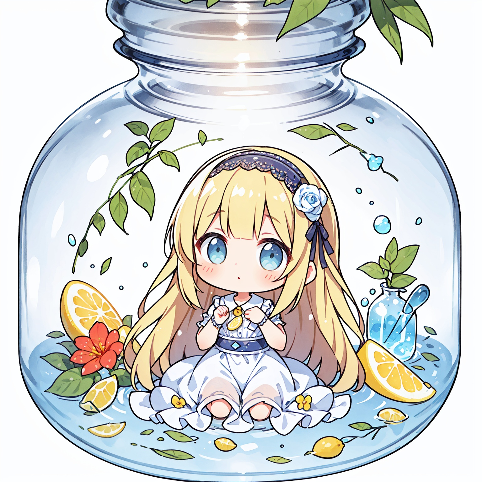 solo, full body, beautiful detailed eyes, beautiful detailed face,sitting, very long silky hair, floating hair, (Colorful dress),lace:0.3, frills:0.3,hairband, yellow hair_ornament,((flowers background)),((transparent background))((an extremely delicate and beautiful girl inside of glass jar)), ((glass jar)),((jar filled with Fanta))(water surface,jar filled with water and lemon), many lemon in jar, bottle filled with lemon water,many bubbles in jar,leaf,hand on chest,