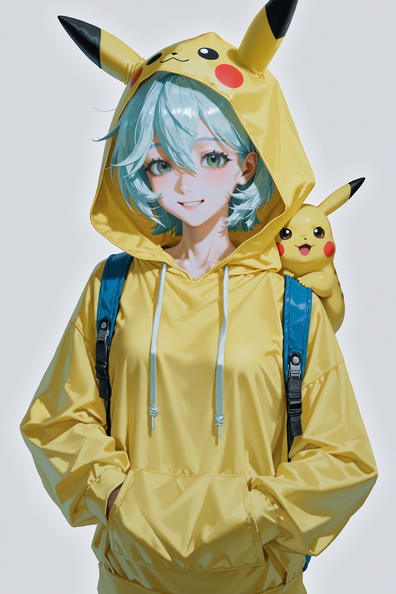 yoneyama mai,diyokama,amano yoshitaka,quasarcake,1girl,seed \(zenless zone zero\),light_blue_hair,A girl wearing a Pikachu hoodie and a blue backpack,white background,(looking at user:1.2),flat color,no lineart,SimplePositiveXLv3,happy,close up,