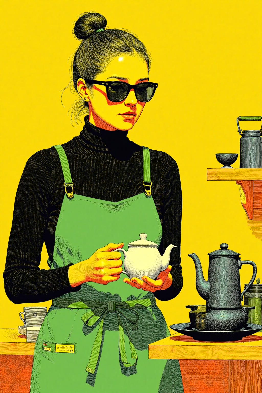 beijihui,An animated image of a woman wearing a green apron and sunglasses. The woman is holding a teapot in her right hand. Her left hand is wrapped around the apron. The apron is tied at the waist with a belt on it. Her hair is tied up in a bun. She is wearing a black turtleneck. Behind her is a yellow wall. To the right of the woman is a tea pot on a black saucer.