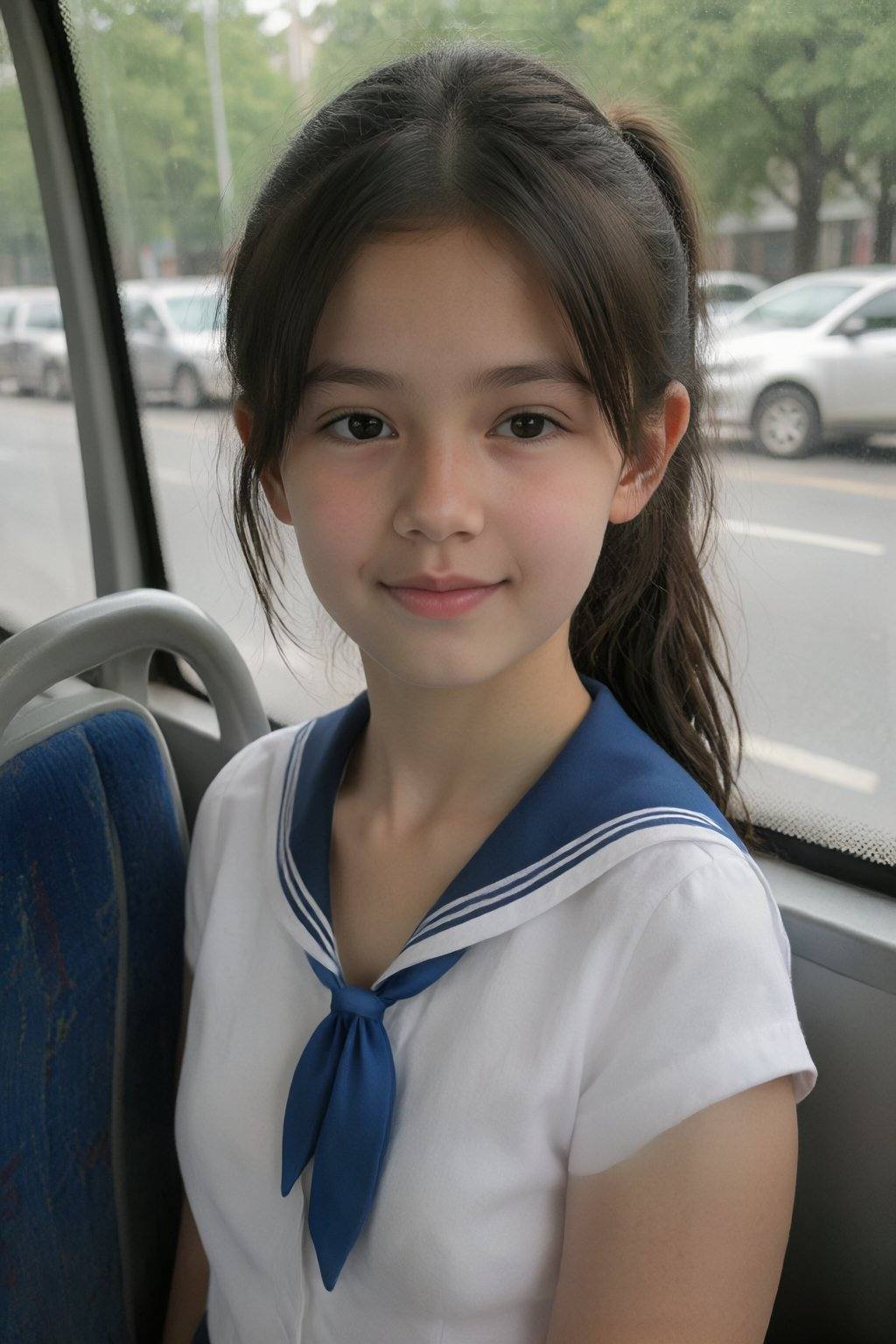 The image depicts a young woman seated on a bus. She has shoulder-length dark hair tied back in a ponytail,  with bangs fr...