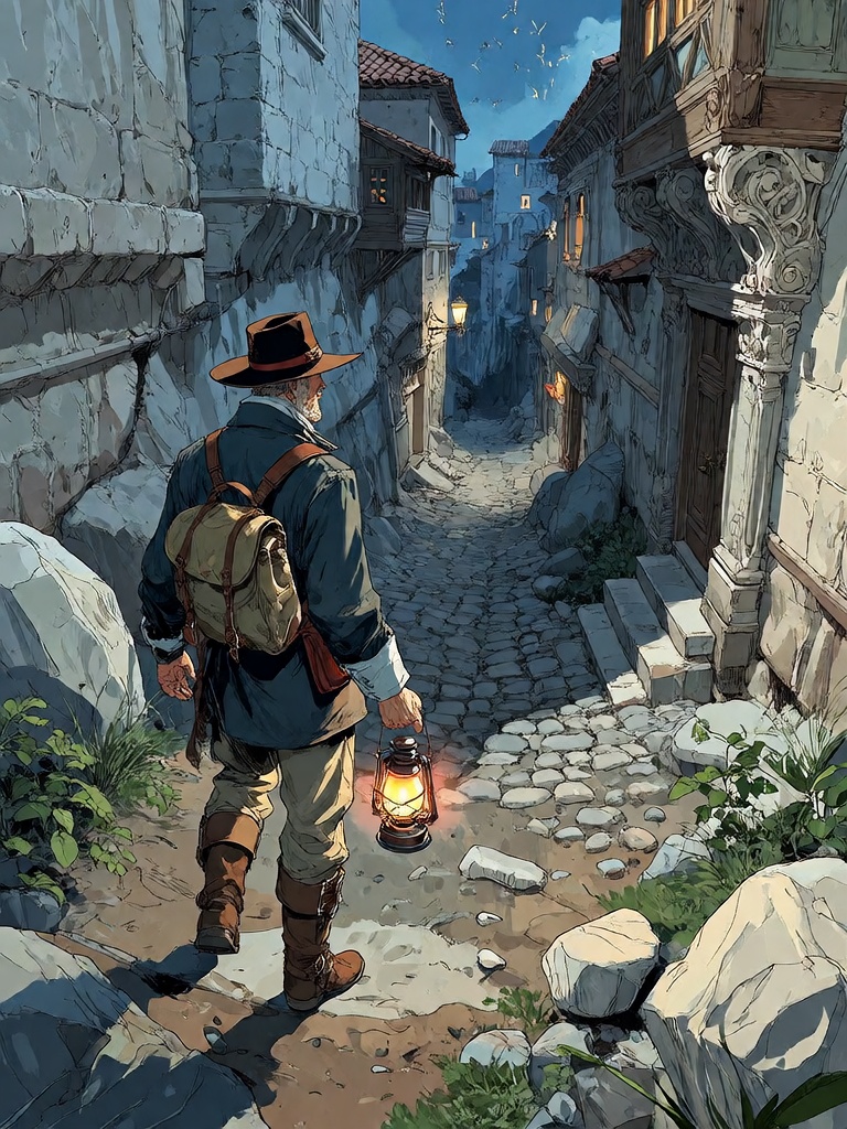 Bradhamel art style. A lone adventurer in a wide-brimmed hat and dark coat,  holding a glowing lantern,  stands at the edg...