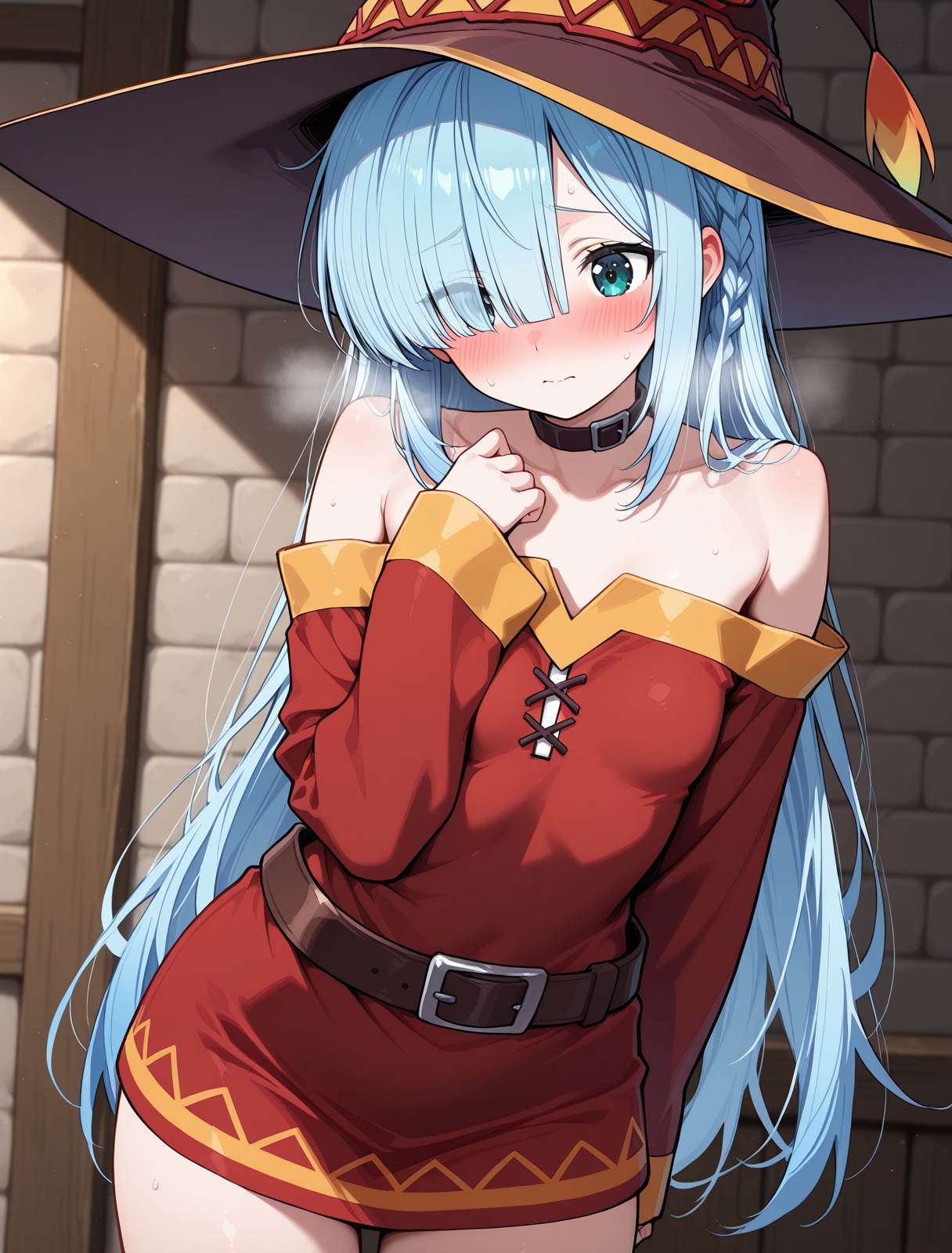 <lora:janus_IL_v1.0:1>,janus,blue hair,hair over one eye,long hair,megumin_(cosplay),blush,, masterpiece,best quality,