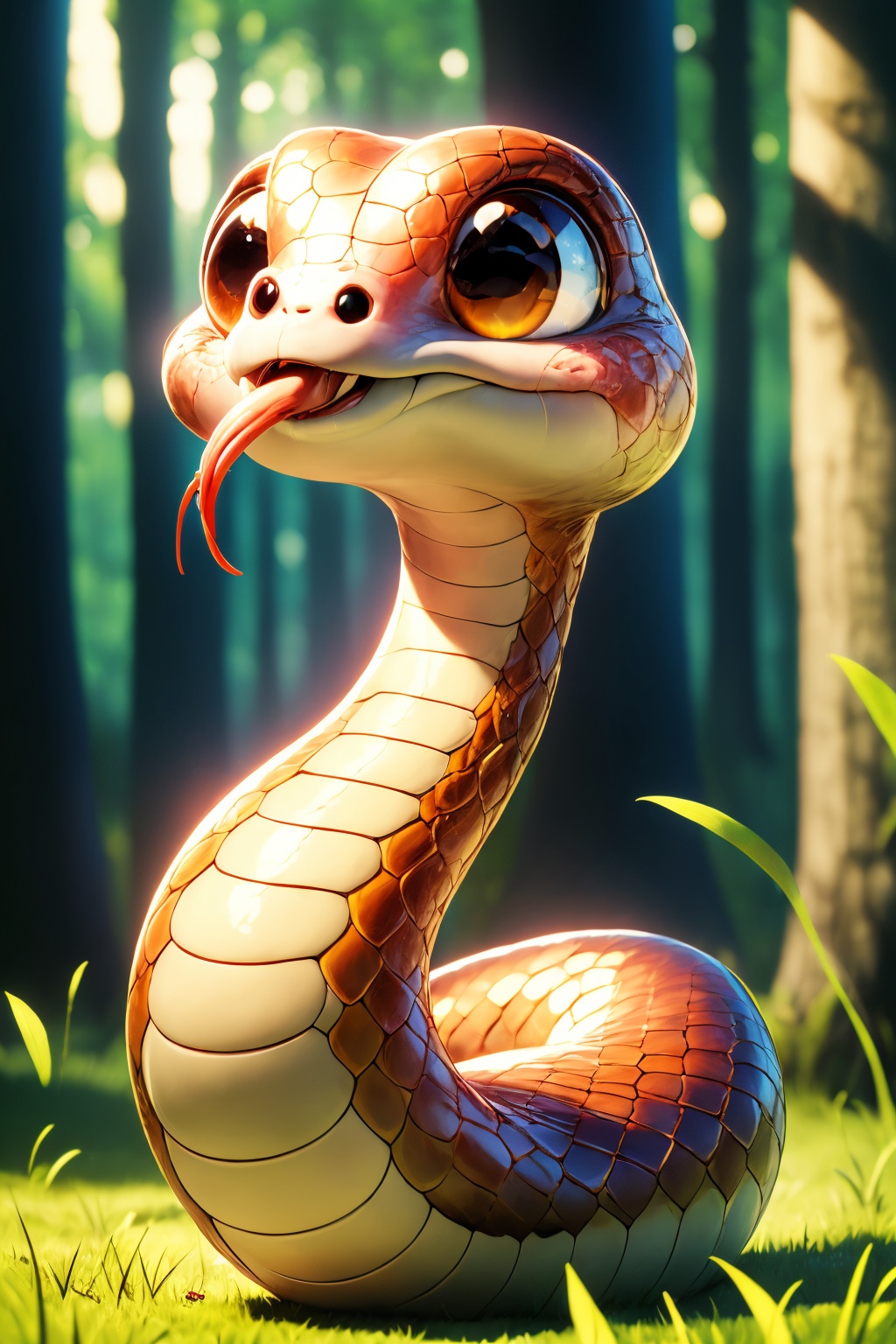<lora:AgainSnake:1>, no humans, snake, smile, cute snake, big brown eyes, forked tongue, solo, tongue out, red tongue, scales, tail, full body, forest, tree, dirt, grass