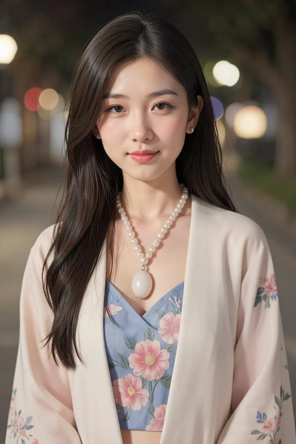 画面呈现了一位年轻东亚女性的半身像,  她看起来约莫十七八岁或二十出头,  位置略偏向画面中心。她留着一头长发 on Tensor.Art