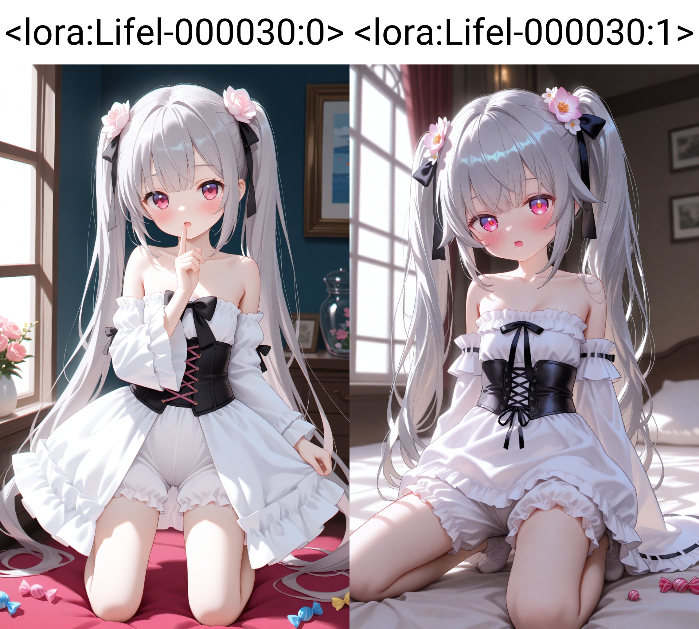 masterpiece,absurdres,best quality,high quality,chromatic_aberration,loli,1girl, solo, long hair, kneeling, fish, hair ornament, looking at viewer, dress, food, very long hair, twintails, candy, flower, hair flower, pink eyes, finger to mouth, bare shoulders, ribbon, red eyes, frills, blush, underwear, grey hair, window, bloomers, corset, purple eyes, collarbone, lolita fashion, strapless, detached sleeves, wide sleeves, open mouth <lora:Lifel-000030:0>