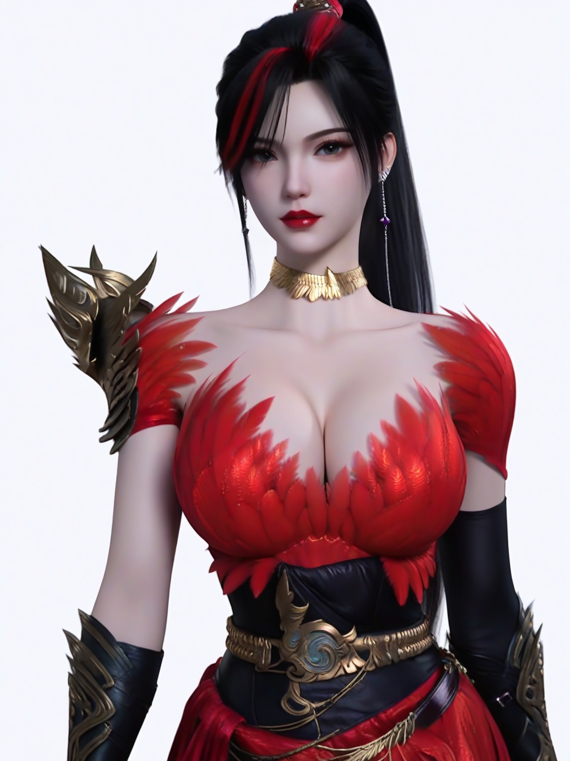score_9,1girl,solo,breasts,large breasts,lipstick,black hair,red dress,choker,two-tone hair,eyelashes,feathers,ponytail,earrings,belt,looking at viewer,white background,simple background,<lora:SF_ZhaoXiangEr_Pony_Realism2.3-000004:0.7>,