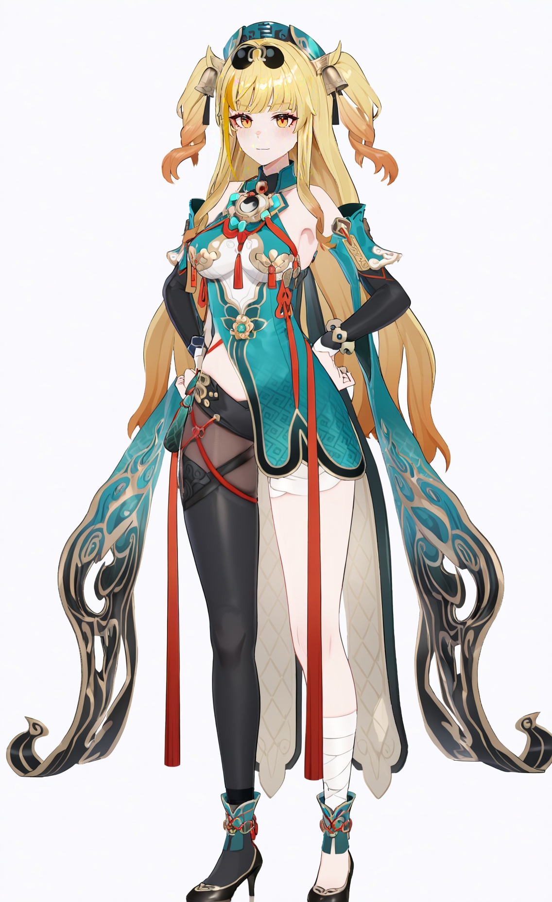 8k, best quality, masterpiece, (ultra-detailed), (high detailed skin), (white background:1.3), (full body:1.25), (white background), standing, looking at viewer, (solo), hands on hips, <lora:songque-A3-Tanger-000013:0.8>, songque, 1st clothes, shen1, 1girl, blonde hair, long hair, two side up, breasts, multicolored hair,(beautiful_face), ((intricate_detail)), clear face, ((finely_detailed)), fine_fabric_emphasis, ((glossy)), full_shot, 