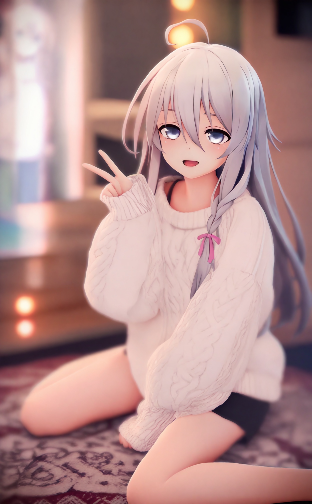 masterpiece,absurdres,best quality,loli,petite,high quality,chromatic_aberration,//,elaina (majo no tabitabi), long hair, 1girl, ahoge, sitting, aran sweater, barefoot, cable knit, looking at viewer, carpet, reflection, rug, sweater, open mouth, solo, smile, mirror, wariza, blue eyes, bare legs, index finger raised, black shorts, blurry, shorts, hair between eyes, long sleeves, grey eyes, v, floor, hoshi syoko, white sweater, sleeves past wrists, blurry background, white hair///,Depth of field,(colorful),hdr,Tyndall effect,depth of field,Tyndall Effect,blurry,blurry_background,depth_of_field,bokeh,glowing,//,<lora:MMDguangwuran4——【noob】hans:1.15>,
