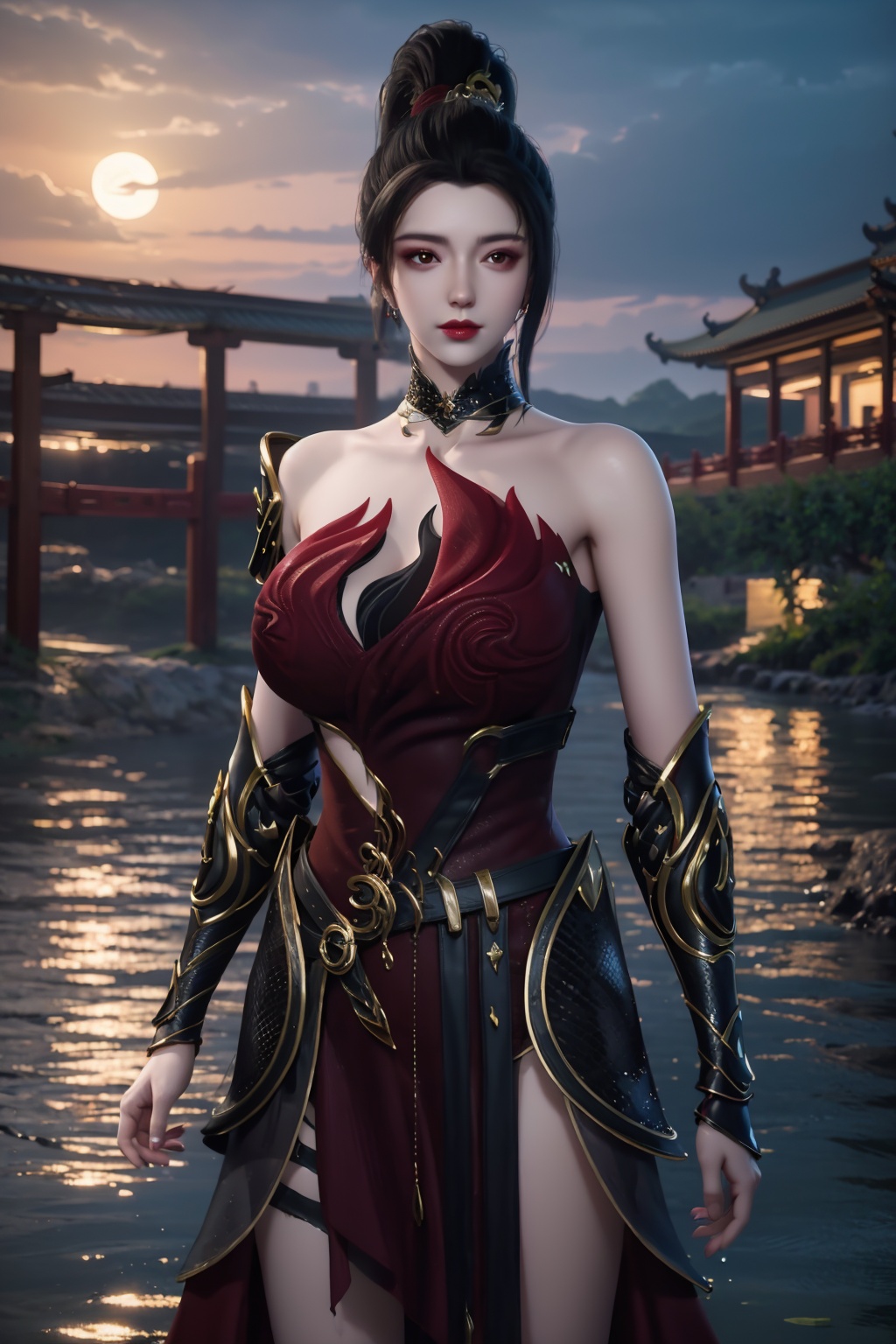 standing,dress,chinese clothes,flower,full_moon,moon,night,lily_pad,lotus,moonlight,nipples,water,night_sky,lily_\(flower\),sky,partially_submerged,1girl,solo,hair ornament,realistic,nail polish,photo_\(medium\),(big breasts, cleavage),makeup,(8k, RAW photo, best quality, masterpiece:1.2),(realistic, photorealistic:1.3),ultra-detailed,extremely detailed cg 8k wallpaper,(crystalstexture skin:1.2),extremely delicate and beautiful,(sexy pose:1.2),chinese dress,