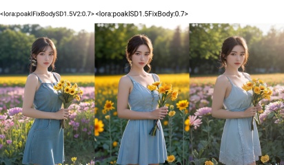 best quality,HDR,UHD,8K,Vivid Colors,solo,photo_,(1girl:1.3),(standing, holding flowers:1.3),(looking at viewer:1.4),Elegant,detailed gorgeous face,(cowboy shot:1.2),morning,(flower field background:1.2),black eye,sunlight,dappled sunlight,marginal light,Twinkle,ribbon,((poakl)),<lora:poaklFixBodySD1.5V2:0.7>,