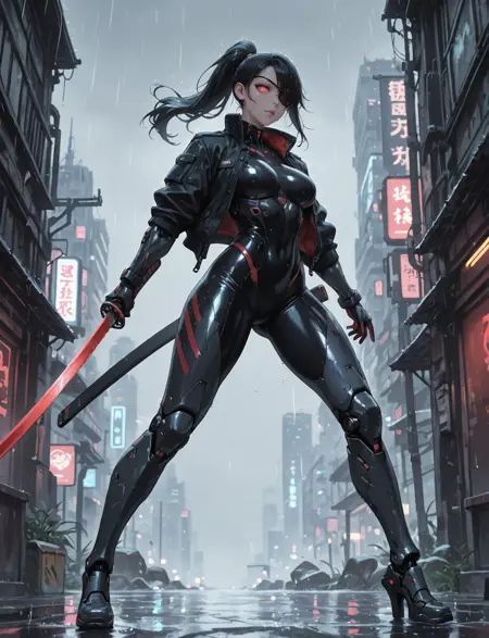 1girl,weapon,sword,cyborg,cyberpunk,solo,black hair,ponytail,holding,rain,breasts,jacket,red eyes,蒙版,glowing,holding weapon,bodysuit,eyepatch,holding sword,open jacket,outdoors,long hair,science fiction,katana,open clothes,glowing eyes,mechanical legs,fighting stance,looking at viewer,sheath,full body,mechanical arms,black jacket,, masterpiece,best quality,amazing quality,absurdres,newest,depth of field,high definition,SmoothNoob_Quality,