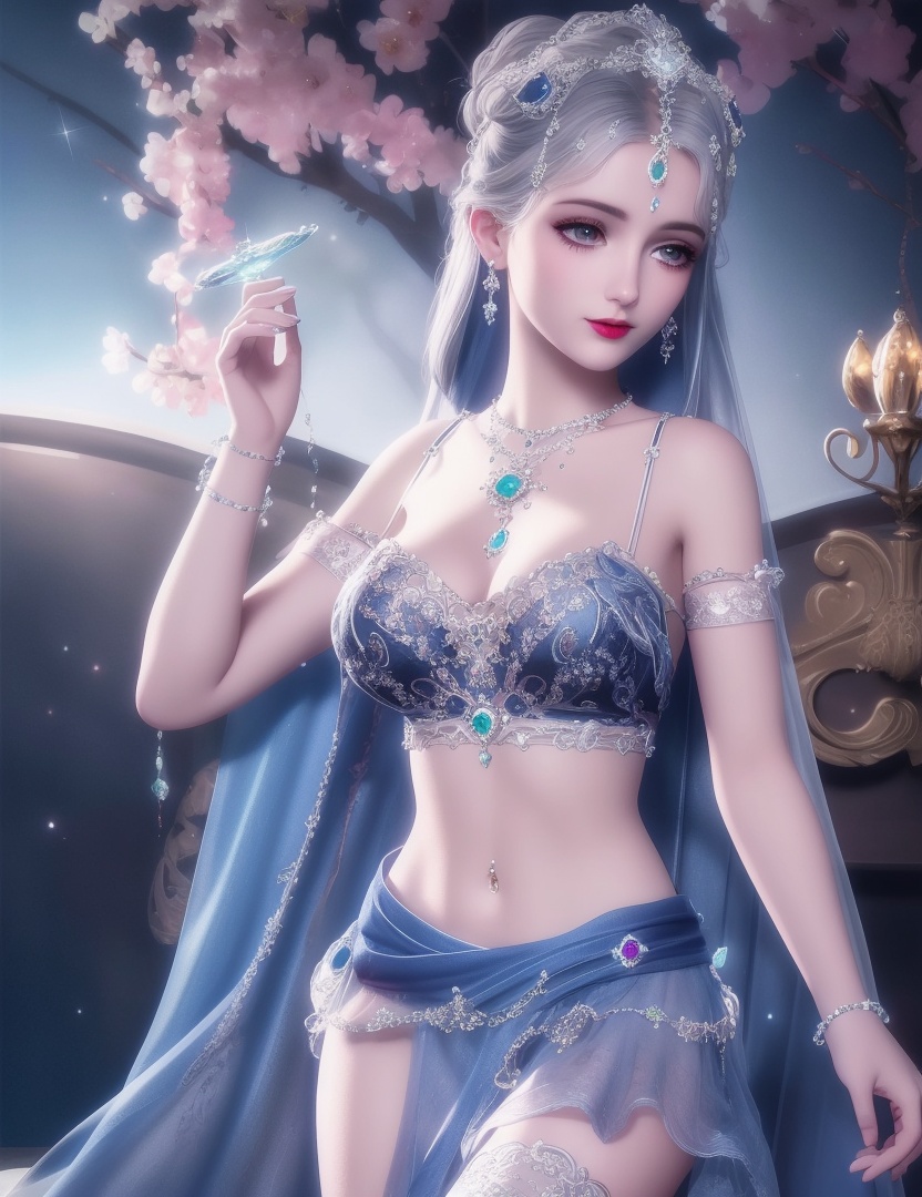 ultra realistic 8k cg, picture-perfect face, flawless, clean, masterpiece, professional artwork, famous artwork, cinematic lighting, cinematic bloom, perfect face, beautiful face, fantasy, dreamlike, unreal, science fiction, huge breasts, beautiful clothes, lace, lace trim, lace-trimmed legwear, (rich:1.4), prestige, luxury, jewelry, diamond, gold, pearl, gem, sapphire, ruby, emerald, intricate detail, delicate pattern, charming, alluring, seductive, erotic, enchanting, hair ornament, necklace, earrings, bracelet, armlet,halo ((,1girl:1.5,   solo, ))<lora:DA_NikkiChangEr2.0:0.6>