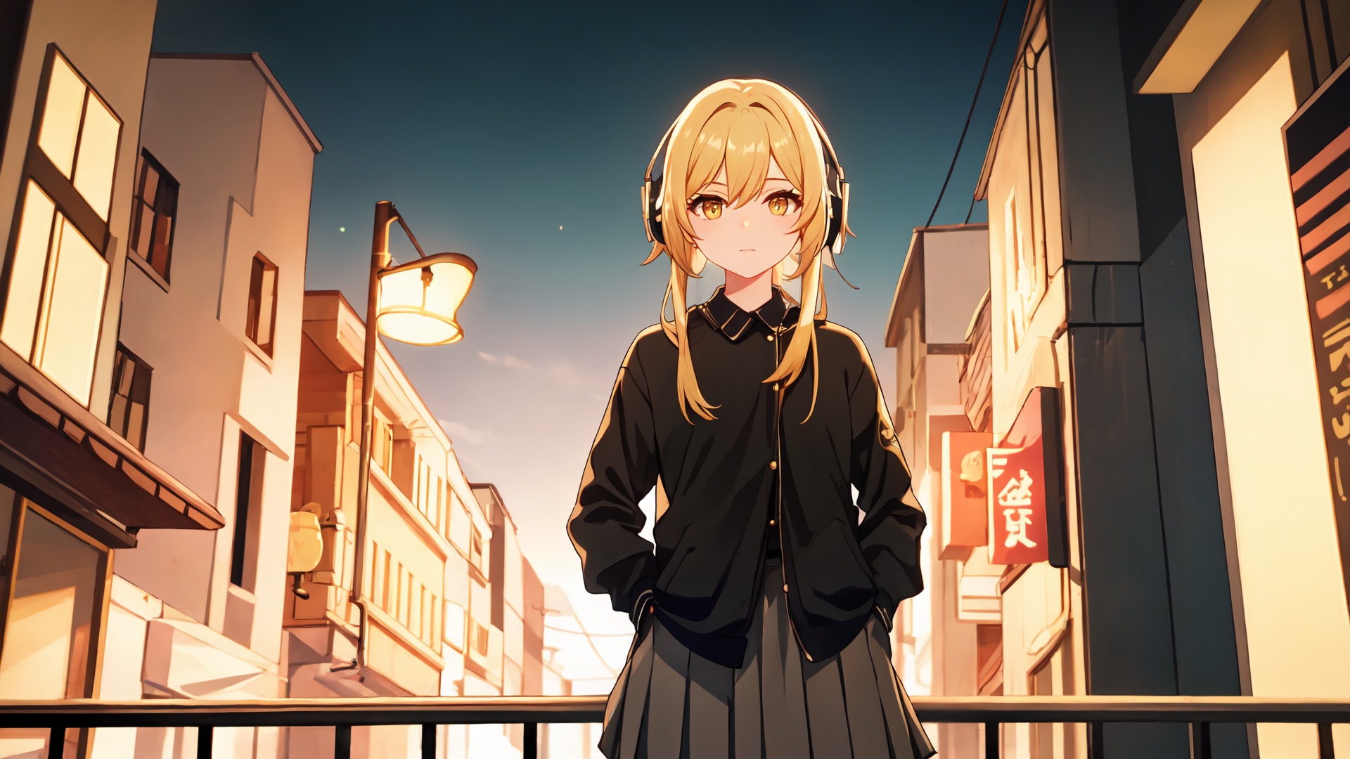 masterpiece,best quality,cinematic light,dramatic light,best shadow,colorful,wallpaper,high contrast,best illumination,ultra-detailed,an extremely delicate and beautiful,dynamic angle,depth of field,cowboy shot,upper body,<lora:lumine:0.6>,(lumine (genshin impact):0.8),(solo:1.3),1girl,hair ornament,yellow eyes,blonde hair,(pleated skirt:1.3),(black shirt:1.3),headphones,perfect face,perfect eyes,sidelighting,outdoors,street,phone booth,cityscape,shop,handrail,street lamp,power lines,hands in pockets,sidelocks,