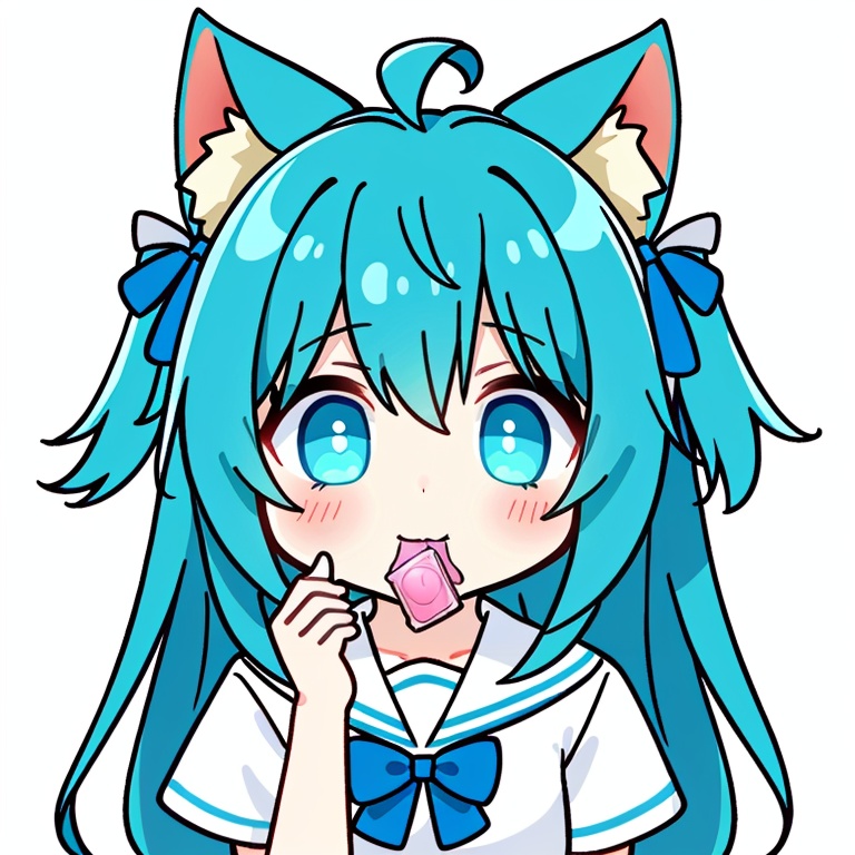 ((HRD, HUD, 8K)),((masterpiece, best quality)), highly detailed, soft light,EmojiPack, 1girl, animal ears, solo, ahoge, green eyes, long hair, animal ear fluff, blue hair, mouth hold, bow, condom in mouth, cat ears, condom, white background, looking at viewer, simple background, blush, upper body, shirt, sailor collar, short sleeves, white sailor collar, bangs, white shirt, condom wrapper, hand up, blue bow, two side up, spoken blush, school uniform, closed mouth, ribbon, hair between eyes, hair ribbon, hair bow, bowtie, <lora:20240527-1716802627504:0.8>