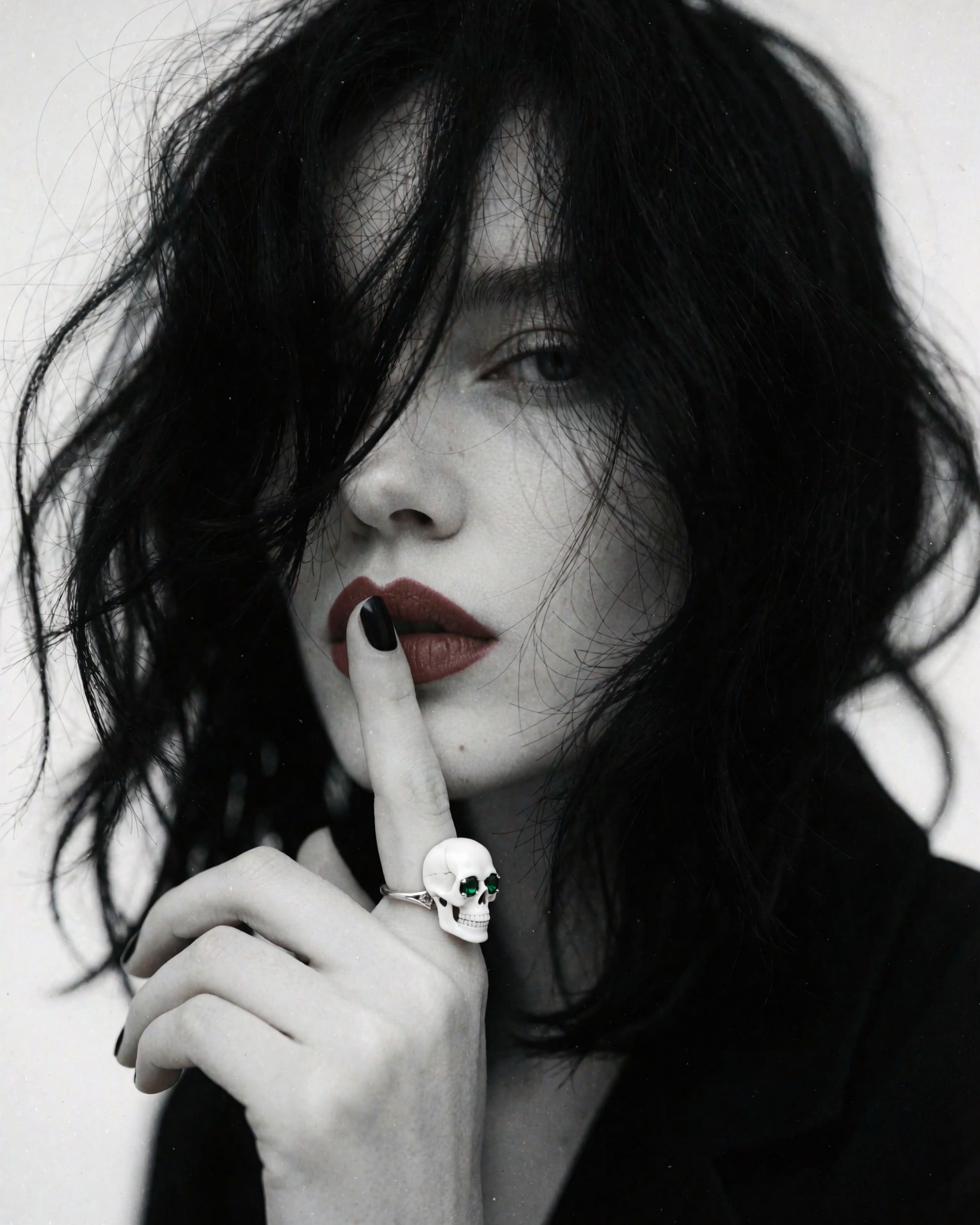 Black and white photograph of a striking female with messy dark hair partially covering her face. The person's eyes are ob...