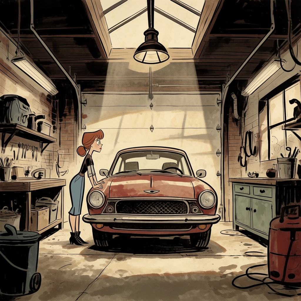 a woman,  car,  garage on Tensor.Art