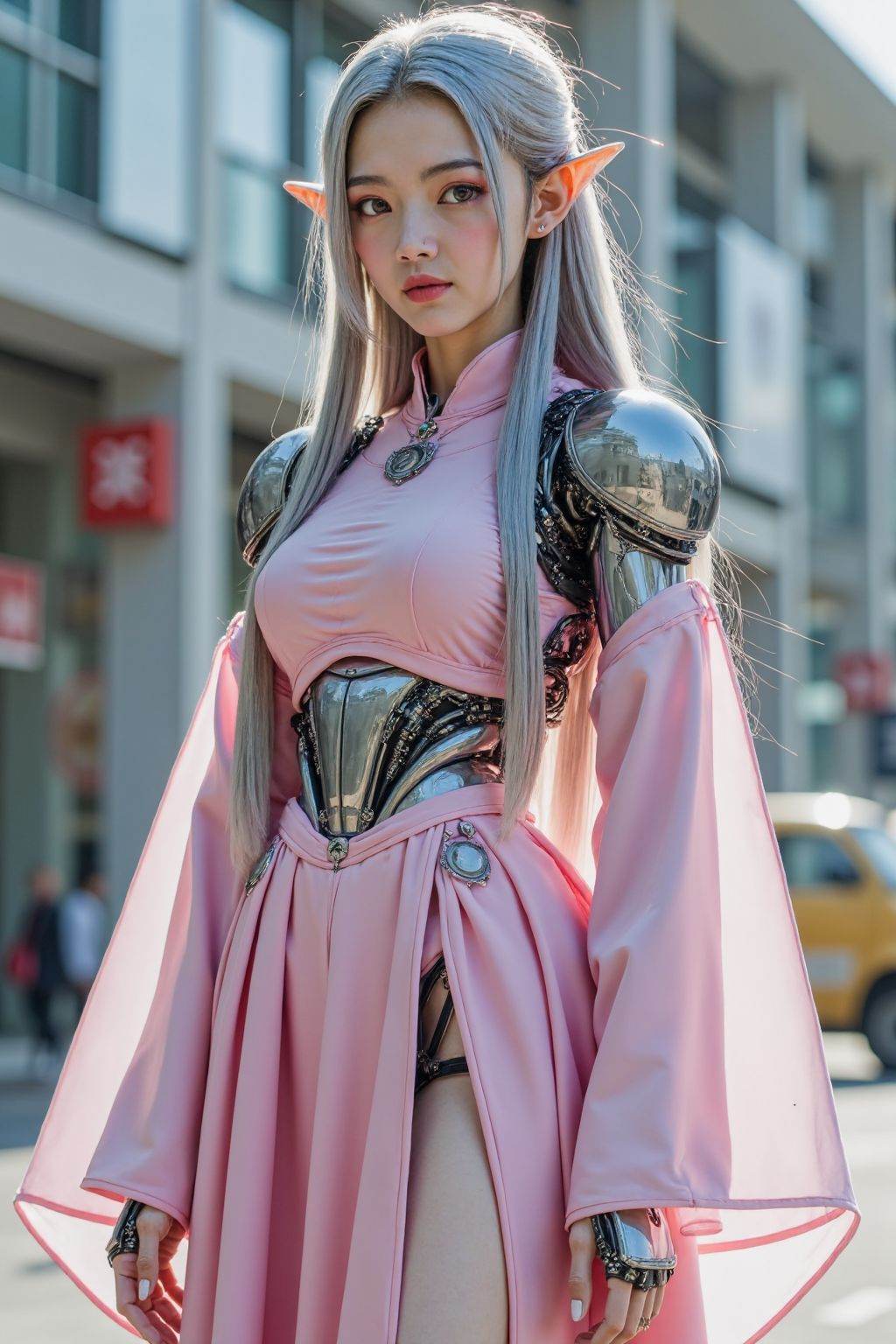 Cinematic HDR still of a beautiful girl,solo,brown eyes,silver hair,looking at viewer,pink hanfu,science fiction,long hair,cyberpunk,robot joints,high gloss stainless steel,skirt,full body,