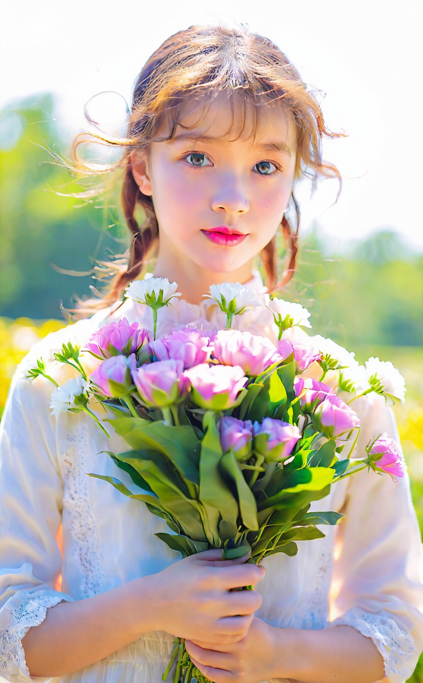 mugglelight, there is a young girl holding a bouquet of flowers in her hands, solo, 1girl, flower, looking at viewer, brown hair, portrait, blue eyes,