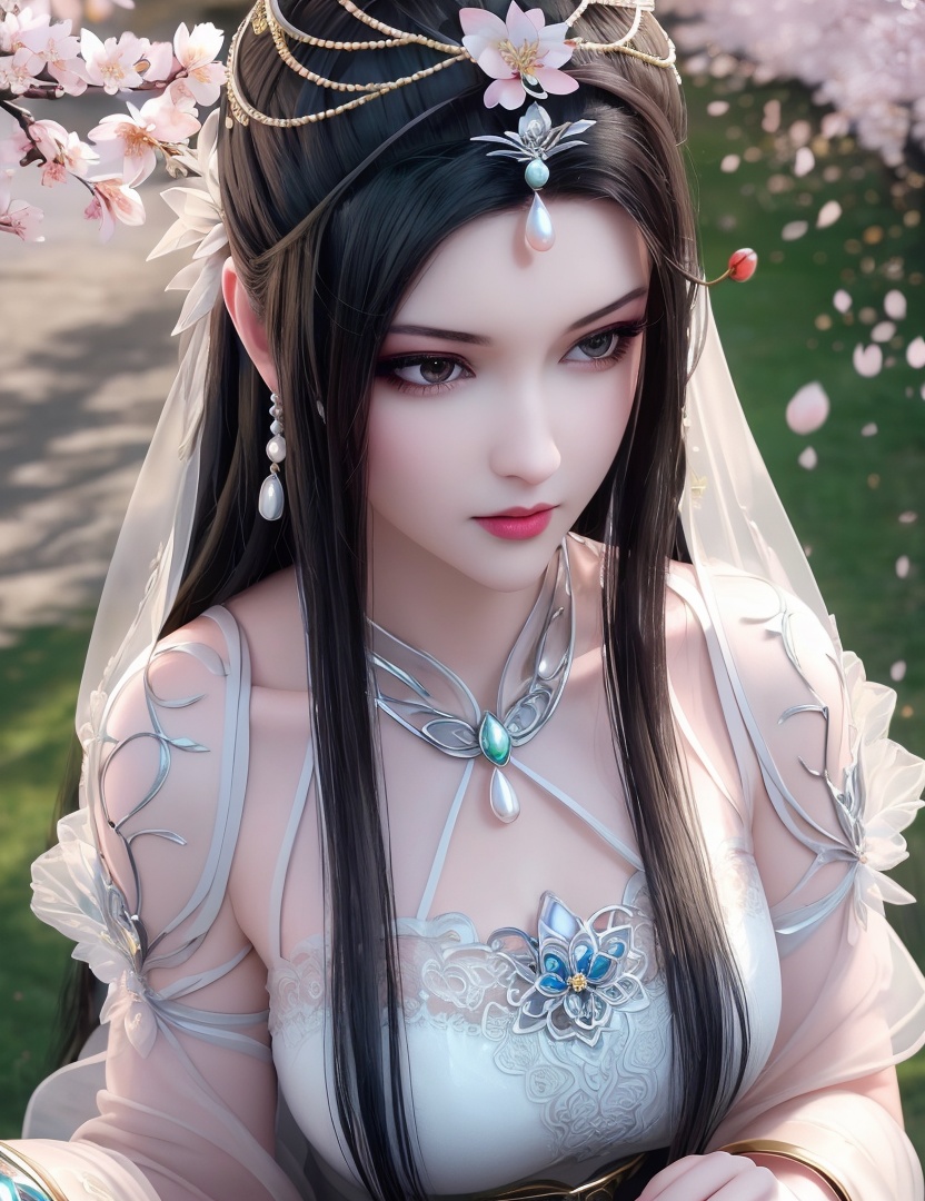 ultra realistic 8k cg, picture-perfect face, flawless, clean, masterpiece, professional artwork, famous artwork, cinematic lighting, cinematic bloom, perfect face, beautiful face, fantasy, dreamlike, unreal, science fiction,   lace, lace trim, lace-trimmed legwear,  (rich:1.4), prestige, luxury, jewelry, diamond, gold, pearl, gem, sapphire, ruby, emerald, intricate detail, delicate pattern, charming, alluring, seductive, erotic, enchanting, hair ornament, necklace, earrings, bracelet, armlet,halo((,1girl, pov,))  , ((((1girl, solo, ,cherry blossoms,outdoors, ))))<lora:DA_LinQingZhu:0.7>