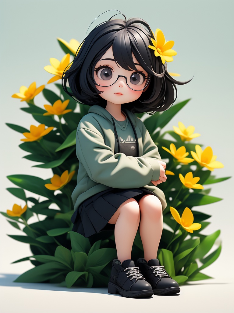 1girl, solo, cute, black shoes, chibi, sitting among oversized flowers, minimalism,  <lora:watercolor_flower:0.6>,  best quality, ultra highres, CG unity, octane rendering,