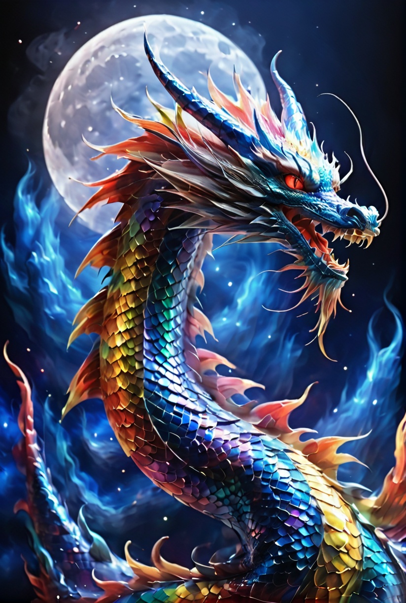 dragon, long, no humans, scales, fish, horns, red eyes, teeth, solo, realistic, simple background, black background a colorful dragon with a black background and a black background with a blue dragon on it's head,with a moon in the background, <lora:XL_Zlong:0.8>