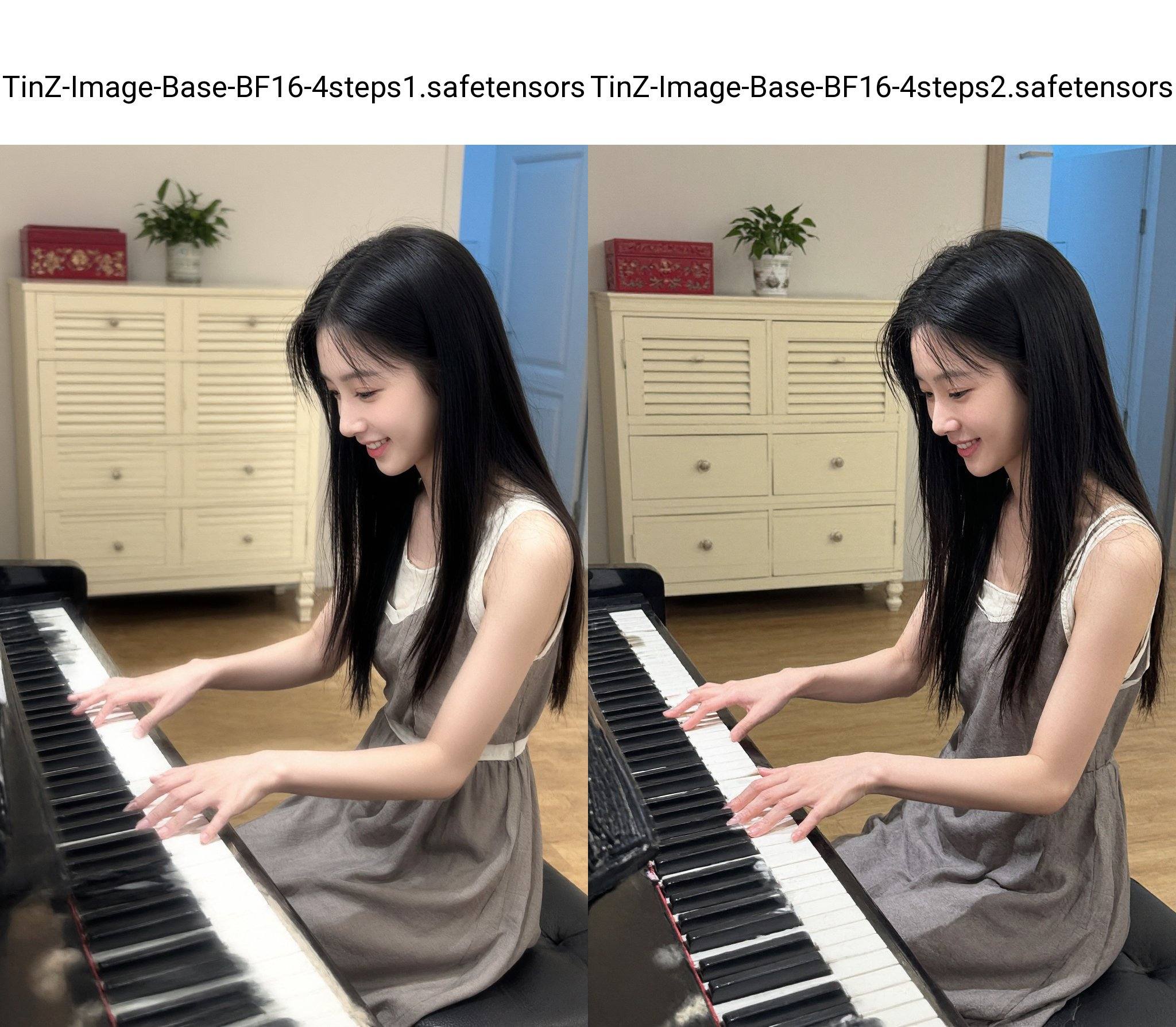 Photograph of an young woman with long straight black hair, wearing a sleeveless dress with a white trim. She is smiling. She was sitting on a chair, playing a black and white piano. Her hands are positioned on the keys, fingers gently pressing down. The background features a cream-colored, four-drawer cabinet with louvered doors, topped with a red decorative box and a small potted plant. The room has light-colored wooden flooring and a softly lit ambiance, with a blue-toned doorway visible in the far right background. The woman's expression is focused, and the overall scene conveys a calm, intimate musical moment.