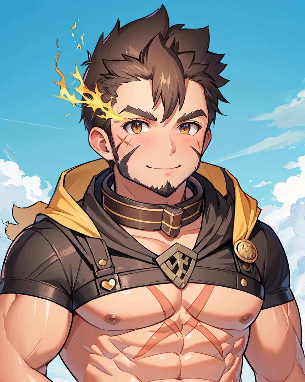 masterpiece,best quality, highly detailed, heracles (housamo),long sideburns, chest harness, chibi, goatee, bara, muscular male, body fur, cross scar, 2boys, flaming eye, revealing clothes, blush, abs, large pectorals, bare pectorals, thick eyebrows, smile,<lora:heracles_(housamo):1>