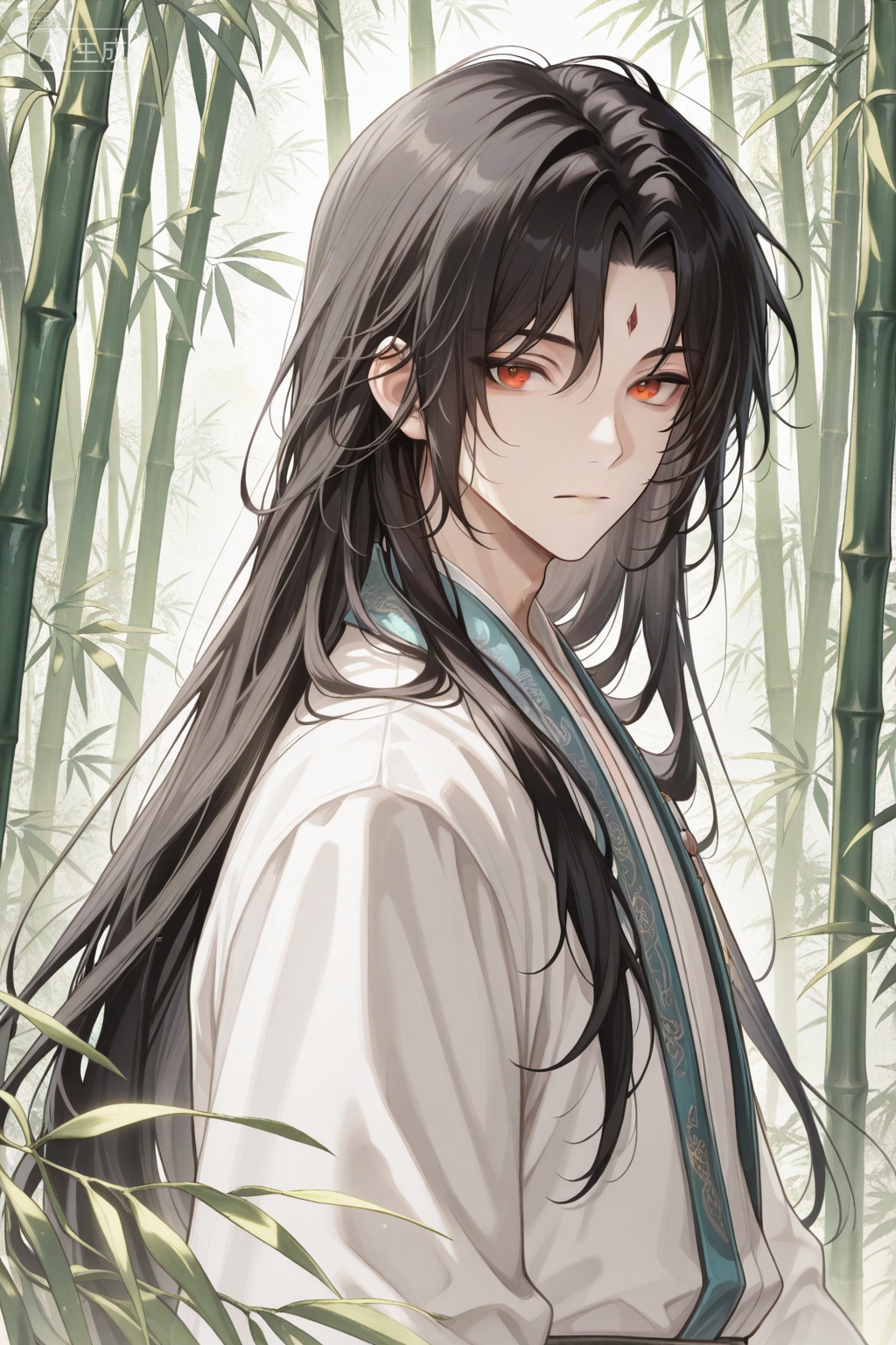 masterpiece,high score,great score,absurdres,1boy,male focus,solo,long hair,black hair,looking at viewer,chinese clothes,upper body,bishounen,bamboo,closed mouth,brown eyes,hanfu,outdoors,expressionless,parted bangs,leaf,, Negative prompt: (worst quality, low quality),deformed,distorted,disfigured,doll,poorly drawn,bad anatomy,wrong anatomy,sketch,jpeg artifacts,signature,watermark,artist name,old,oldest,,nsfw, Steps: 20, Sampler: Euler a, CFG scale: 5.0, Seed: 2864014517, Size: 1024x1536, Model hash: e62cd982e2, Model: 崩坏彩涂_1.0.safetensors, Denoising strength: 0.0, Clip skip: 2, ENSD: 31337, RNG: CPU, vae_name: automatic