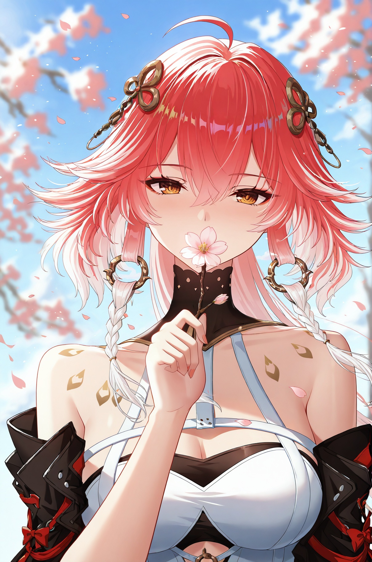 <lora:长离长离:1>,changli,1 woman,yujie,long hair,bangs,hair ornament,hair between eyes,yellow eyes,pink hair,ahoge,red hair,1girl,solo,cherry blossoms,shirt,holding,petals,flower,looking at viewer,upper body,branch,pink flower,white shirt,bare shoulders,collared shirt,sleeveless shirt,holding flower,outdoors,falling petals,day,sky,blue sky,leaf,eyelashes,light particles,dappled sunlight,sunlight,pink theme,tree,covering mouth,hand up,covered mouth,