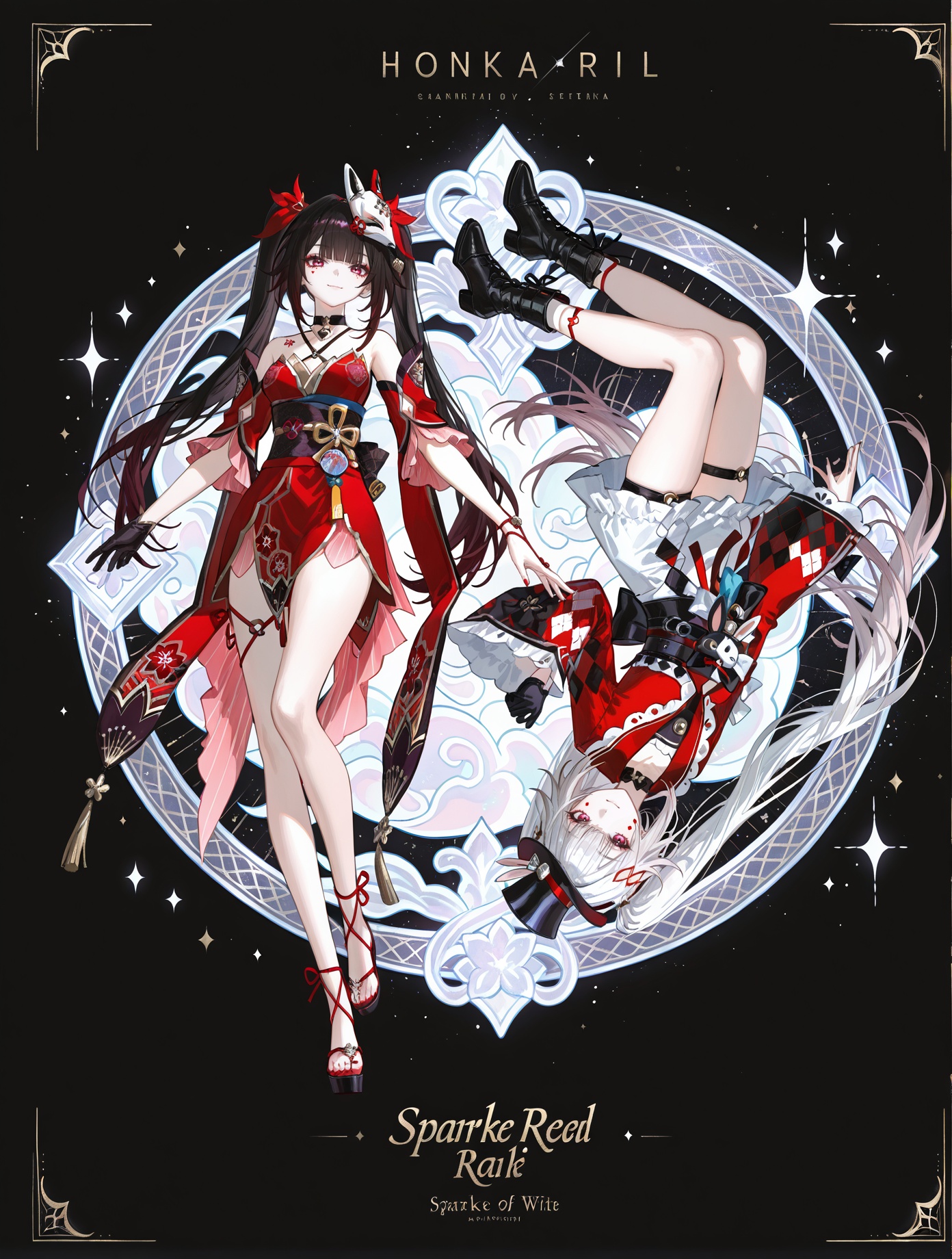 8k,best quality,masterpiece,(ultra-detailed),(high detailed skin),artist:john kafka,(artist:wanke:0.9),artist:fuzichoco,artist:quasarcake,(artist:nixeu:0.8),simple_black_background,black and white theme,Sense of coordination,sense of order,mathematics beauty,(((cover design))),(((((cover art))))),((trim)),album_art,official art,(Master's work),2girls,multiple girls,smile,full body,closed mouth,long hair,white background,looking at viewer,dual persona,upside-down,<lora:huahuoXhuohua-ill-Tanger:0.8>,Sparkle \(Honkai: Star Rail\),black hair,Cherry blossom tattoo,chest tattoo,red dots under the eyes,clothes: Sparkledef red japanese clothes,bare shoulders,Sparkledef detached sleeves,mask on head,1girl,single black glove,kimono,sash,mask,obi,sandals BREAKSparxie \(Honkai: Star Rail\),white hair,heart and diamond facial marks,clothes: Sparxiedef red-and-white short dress,1girl,long hair,long sleeves,hat decorated with a rabbit plush,twintails,boots,black gloves,wide sleeves,kimono,black footwear,black bow,thigh strap,top hat BREAK