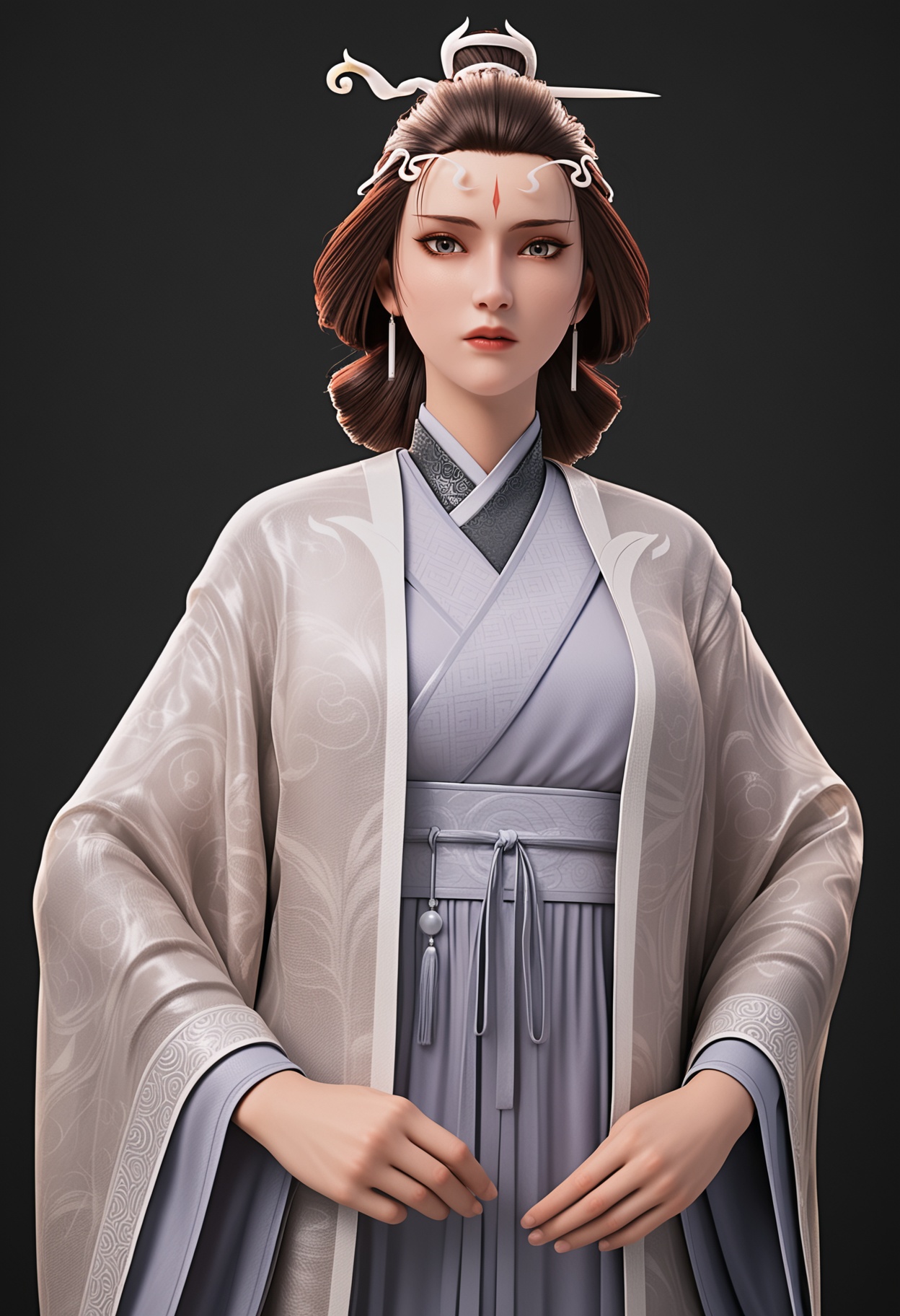 (standing full_body:1.1),score_9,score_8_up,masterpiece,(best quality),intricate details,facing viewer,(looking at viewer:1.1),<lora:YQ_pony_shuiyue_V4:0.8>,q1528437228,solo,1girl,black hair,jewelry,earrings,chinese clothes,facial mark,hair ornament,forehead mark,hanfu,long sleeves,makeup,wide sleeves,hair bun,hair stick,long hair,red lips,updo,japanese clothes,black eyes,blue eyes,robe,brown eyes,brown hair,kimono,sash,grey eyes,korean clothes,single hair bun,BREAKscore_9,score_8_up,masterpiece,(best quality),perfect anatomy,(hourglass),perfect face,(simple background,pure black background,black background:1.1),fair_skin,shiny_skin,Ivory_skin,