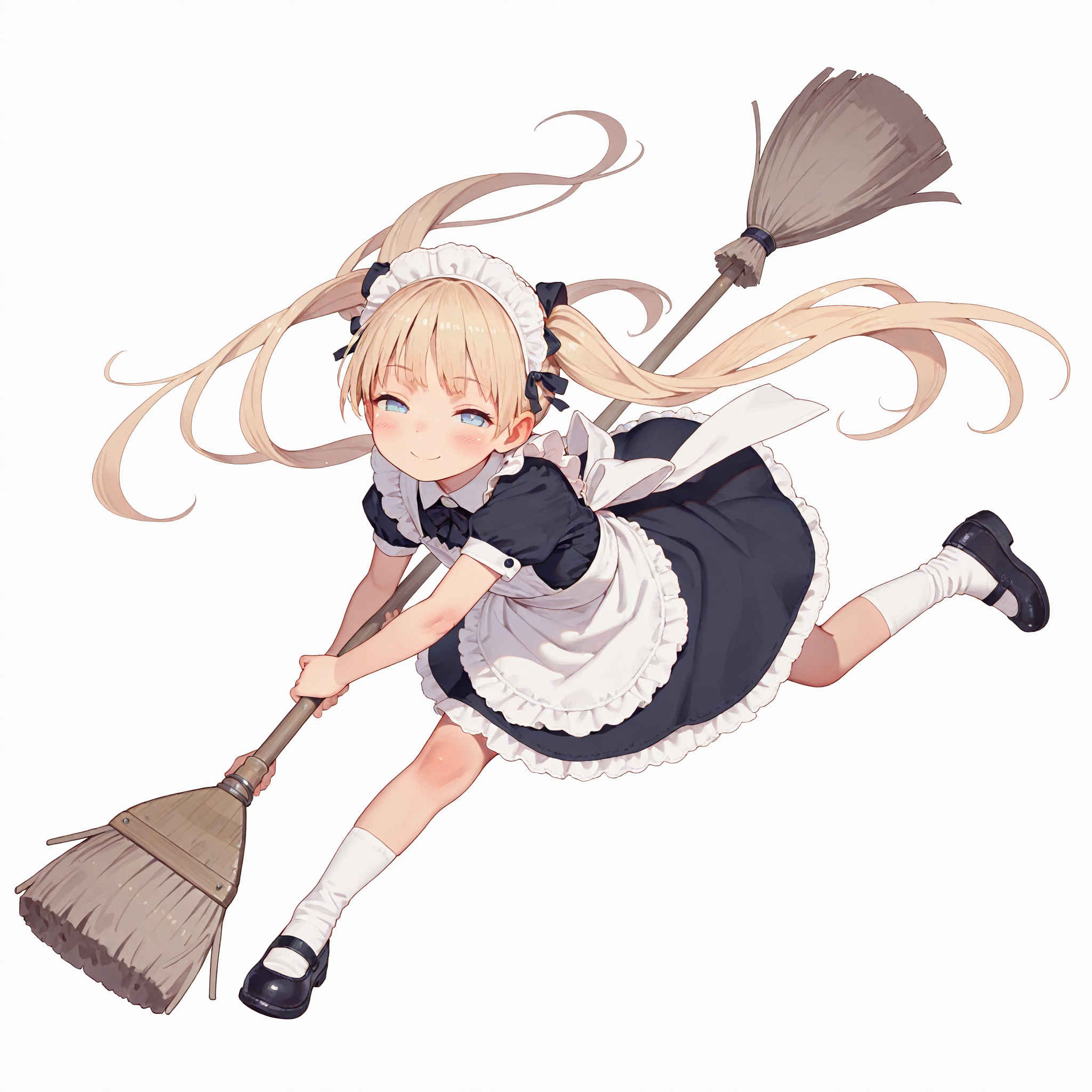 masterpiece,best quality,amazing quality,simple background,white background,(1girl,solo, loli),(very long twintails, blonde hair, ),blue eyes,half-closed eyes,blush,face,smile,maid,maid apron,long maid headdress,white socks,black footwear,looking at viewer,dynamic pose,holding broom,cleaning,<lora:MUK_style_v1:0.7>,