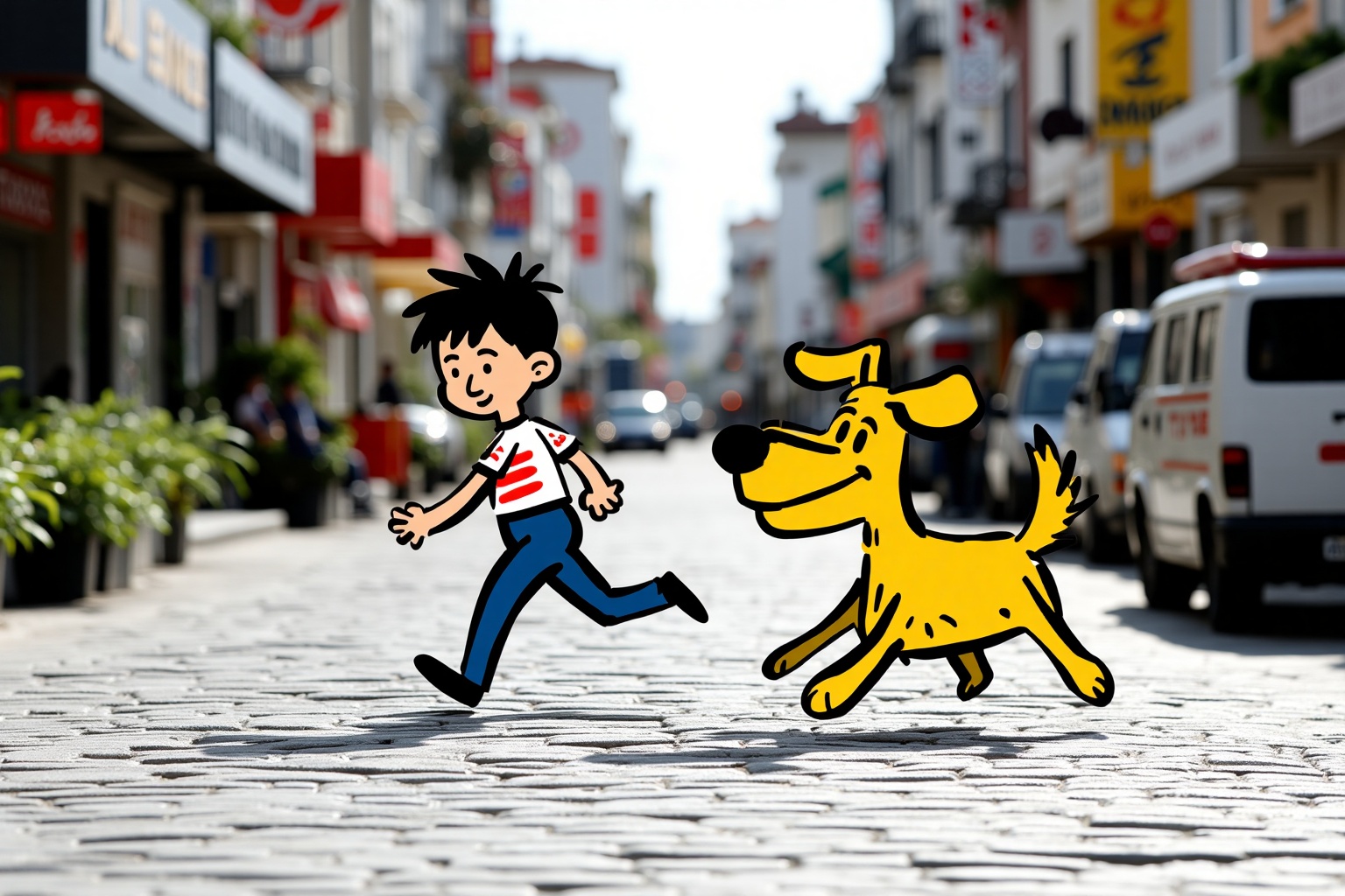 beijihui,A cartoon boy was chased by a cartoon dog. The background displays real photos of bustling streets,