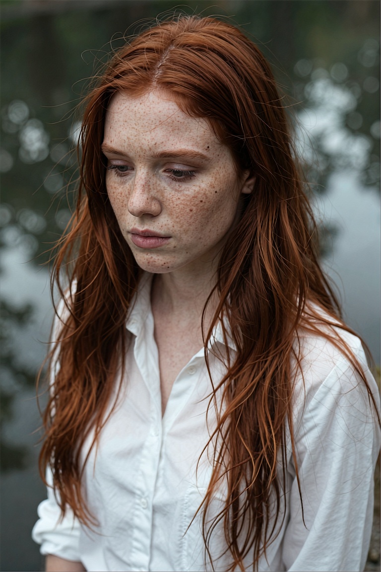 Cinematic portrait in soft natural light,  shallow depth-of-field bokeh background,  muted cool tones with warm skin under...