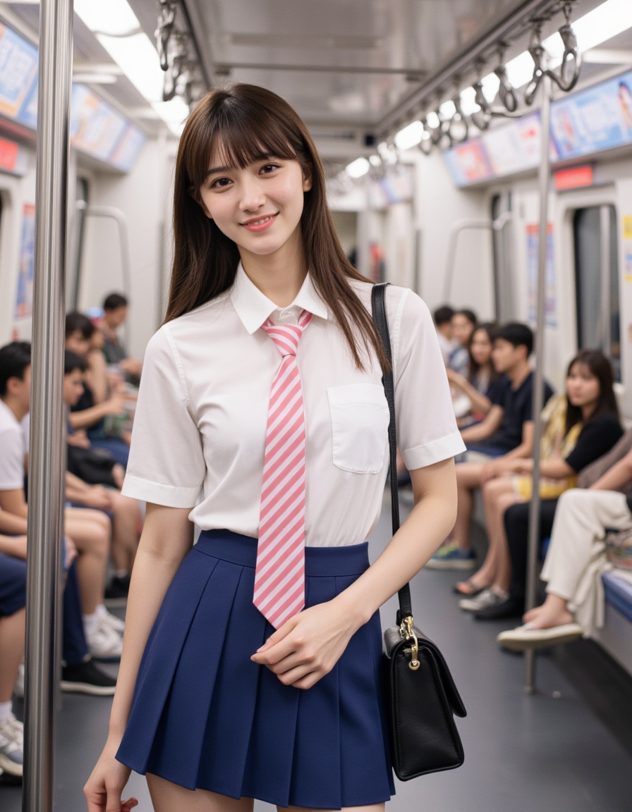The image is a high-resolution photograph,A photograph of an girl with fair skin,standing on a subway train. She has straight long hair,and wears a white blouse,pink and white striped tie,and a blue short pleated skirt. She was carrying a black shoulder bag, with a confident expression and a smile on her face. Other passengers are seated in the background. The subway car has metal poles and advertisements on the walls.