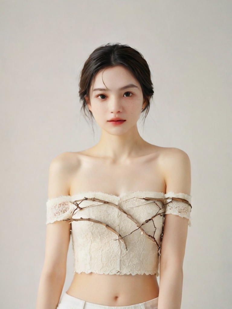 cinematic photo Photography style,master masterpiece,super detail,1 young girl,model,delicate face,off shoulder,withered branches around,perfect body,white background,analog film,HD,8k,full body,<lora:CL XL:1>, . 35mm photograph, film, bokeh, professional, 4k, highly detailed